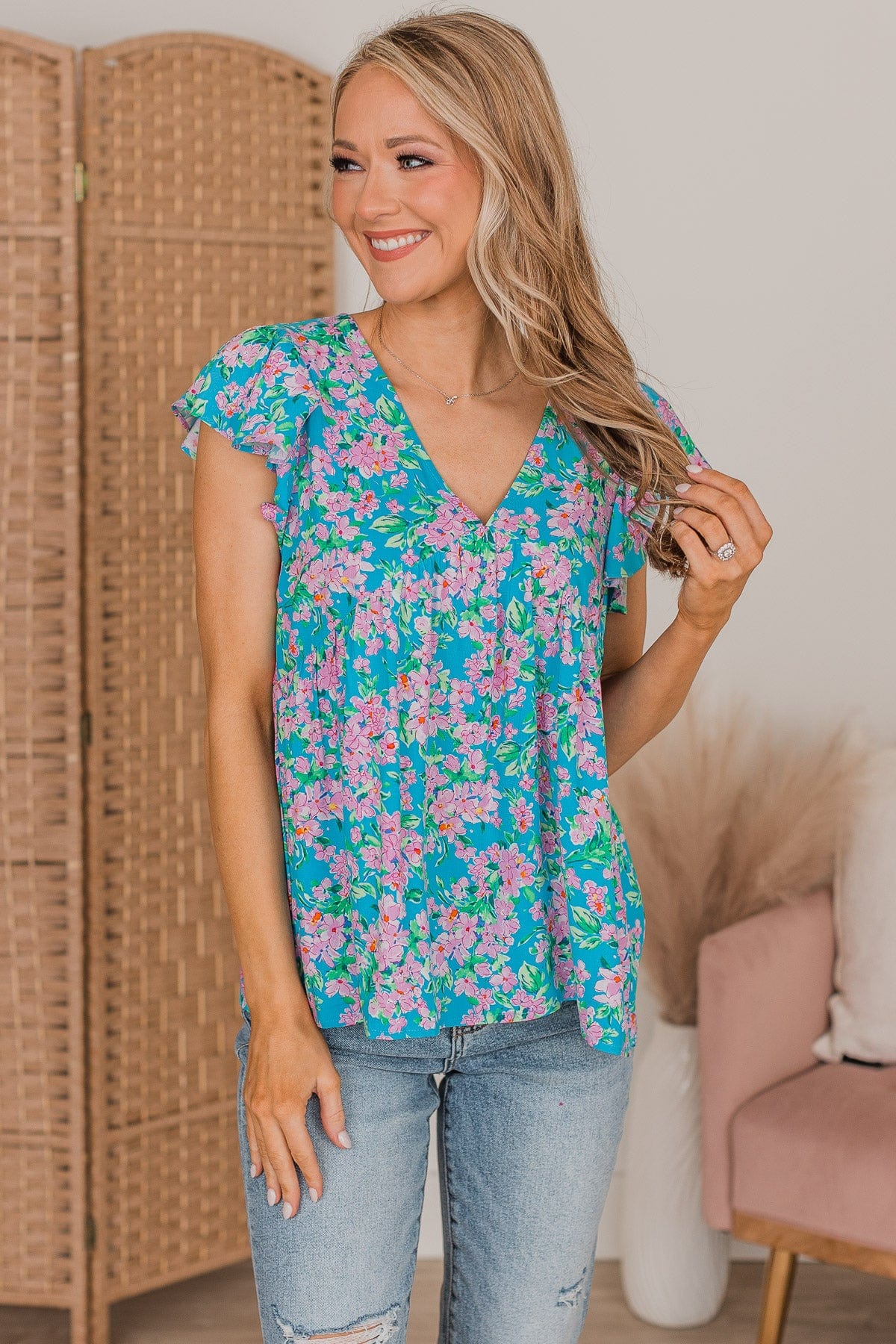 For A Moment Floral Babydoll Blouse- Blue & Pink