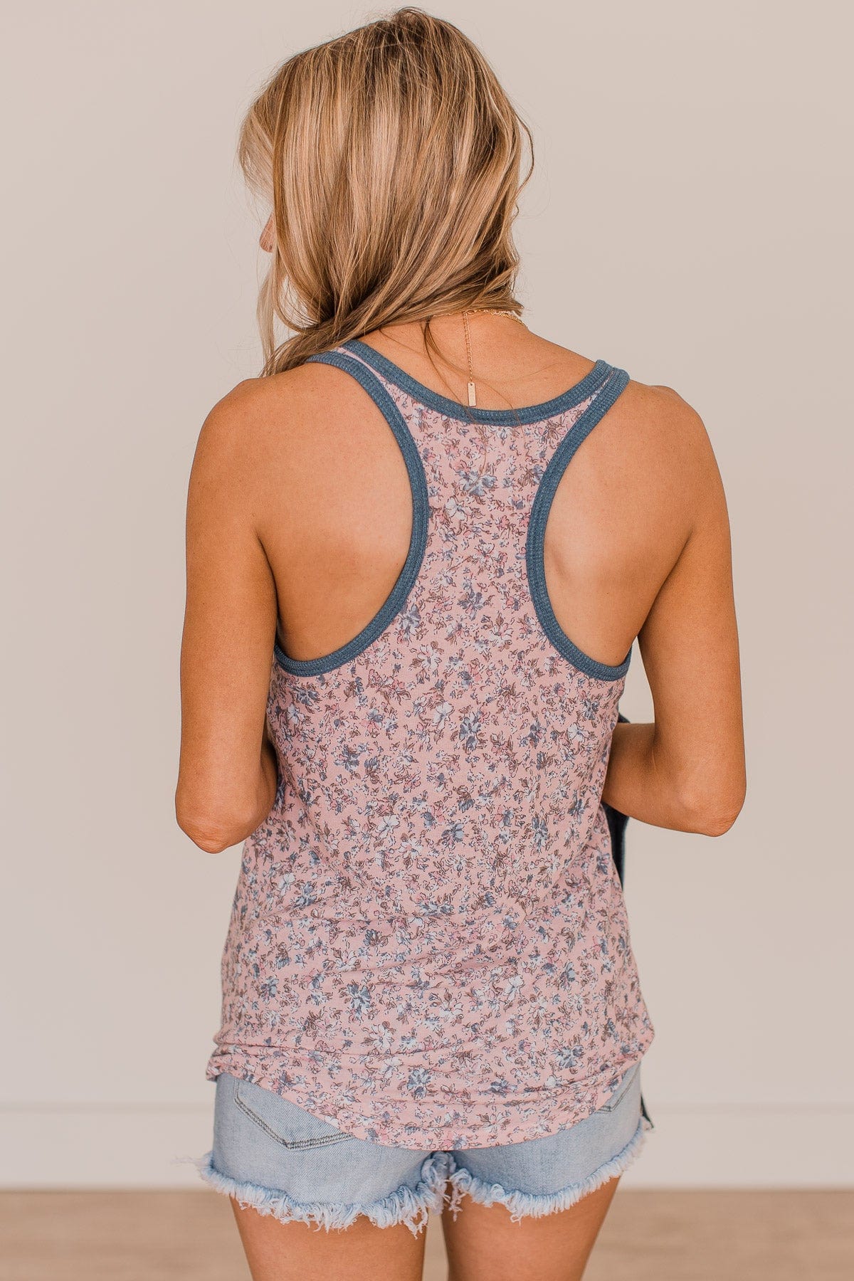 Make It My Own Floral Tank Top- Light Pink & Navy