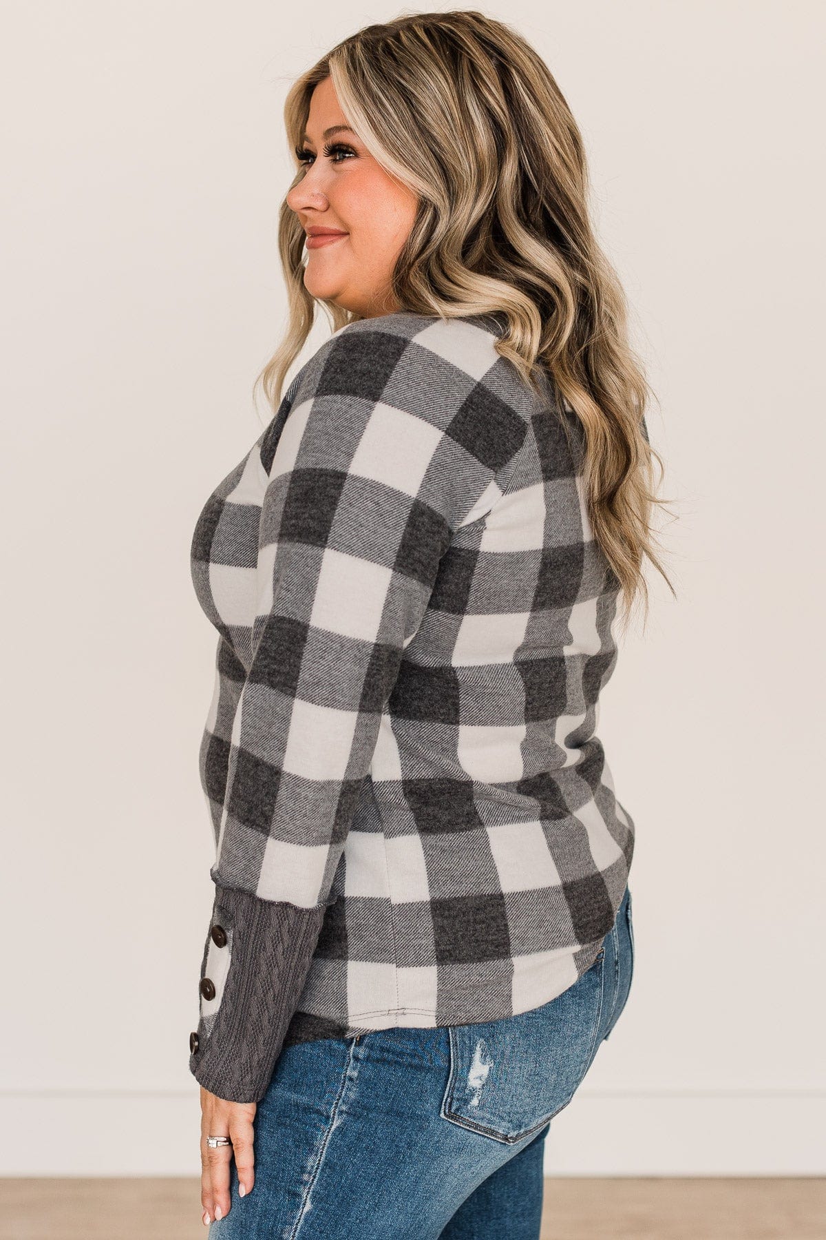 By The Fireside Plaid Knit Top- Off-White & Charcoal
