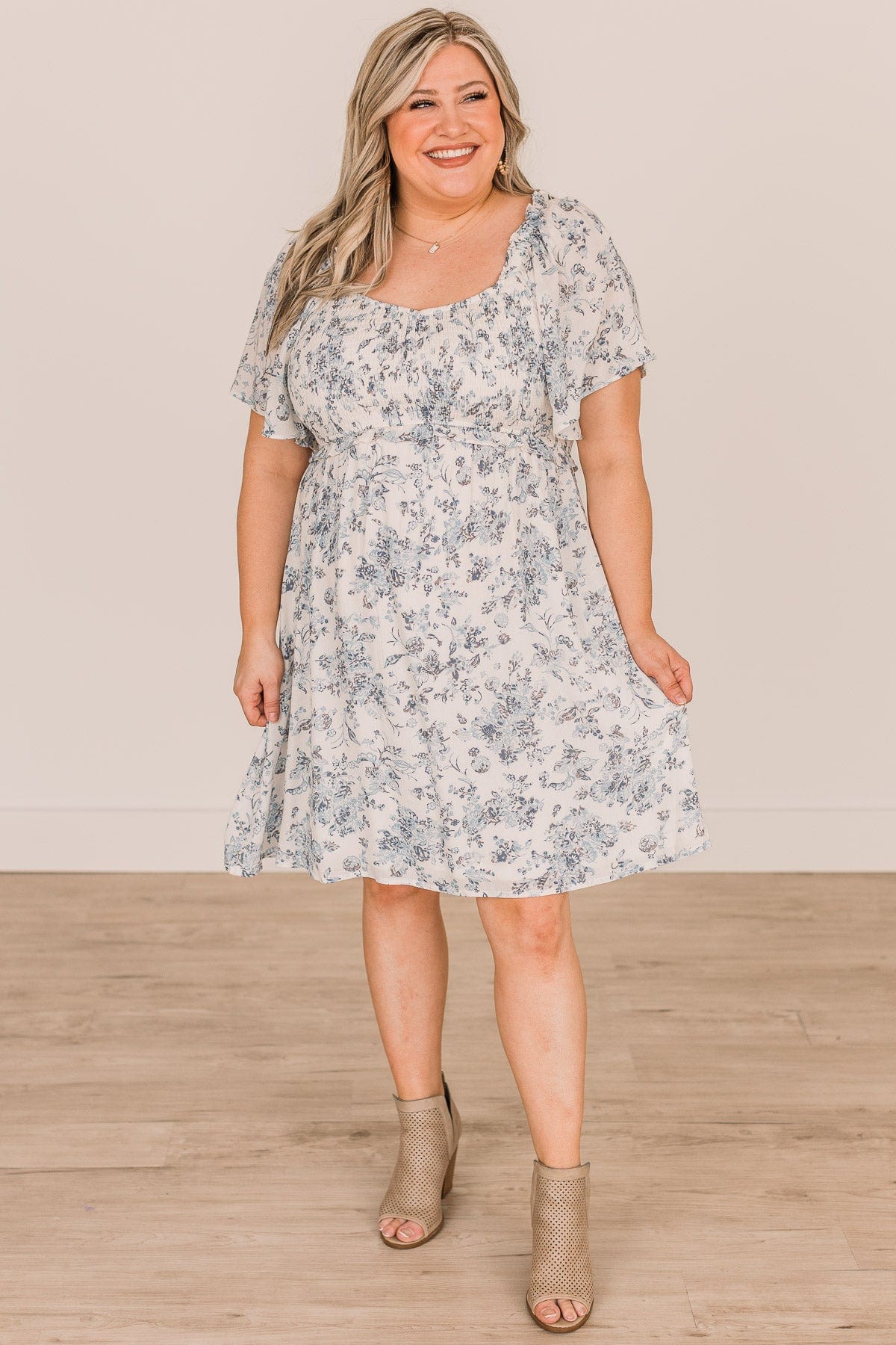 Destined To Fly Smocked Floral Dress- Ivory & Blue