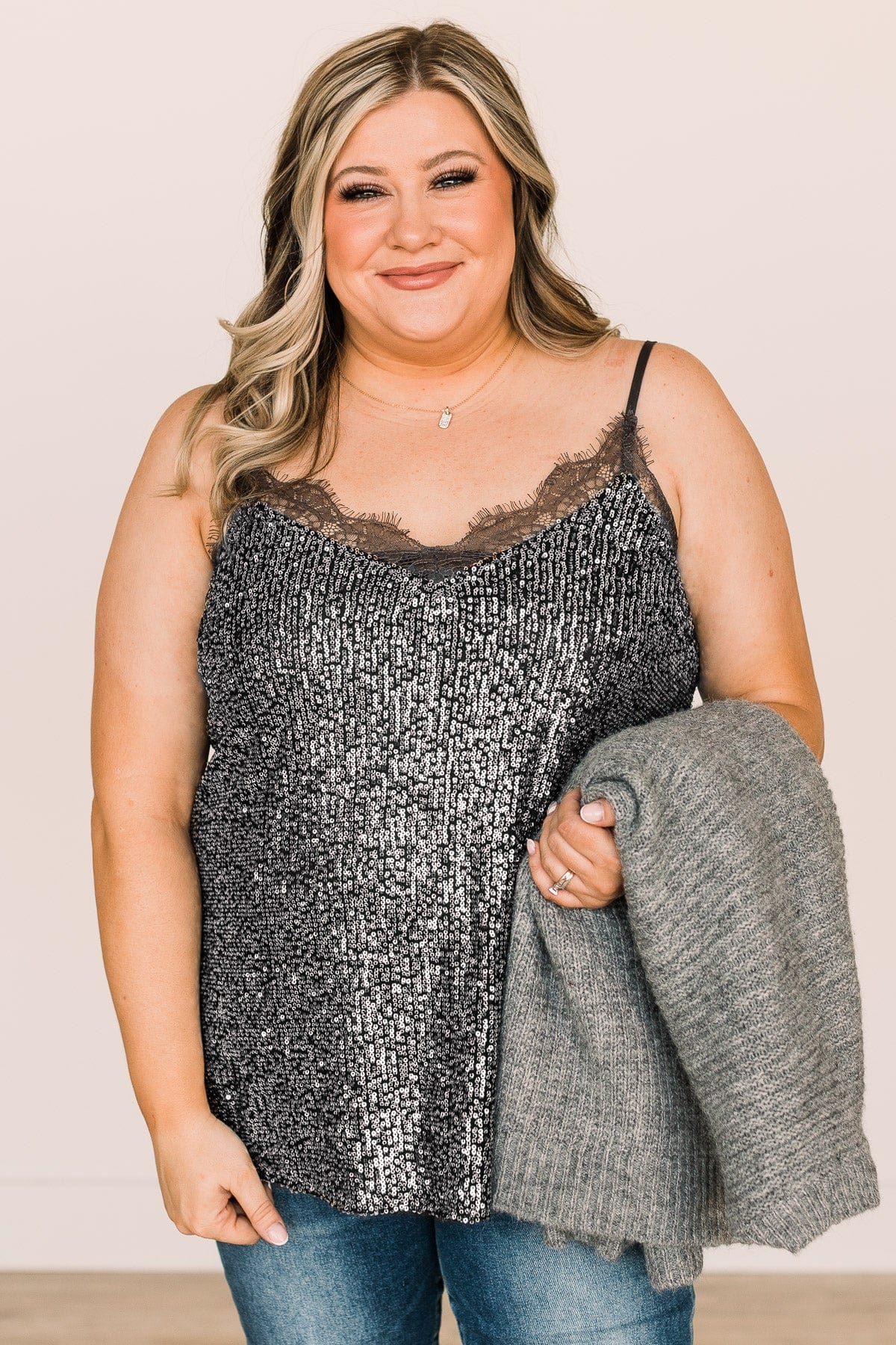 Stunning In Sequins Tank Top- Charcoal & Silver