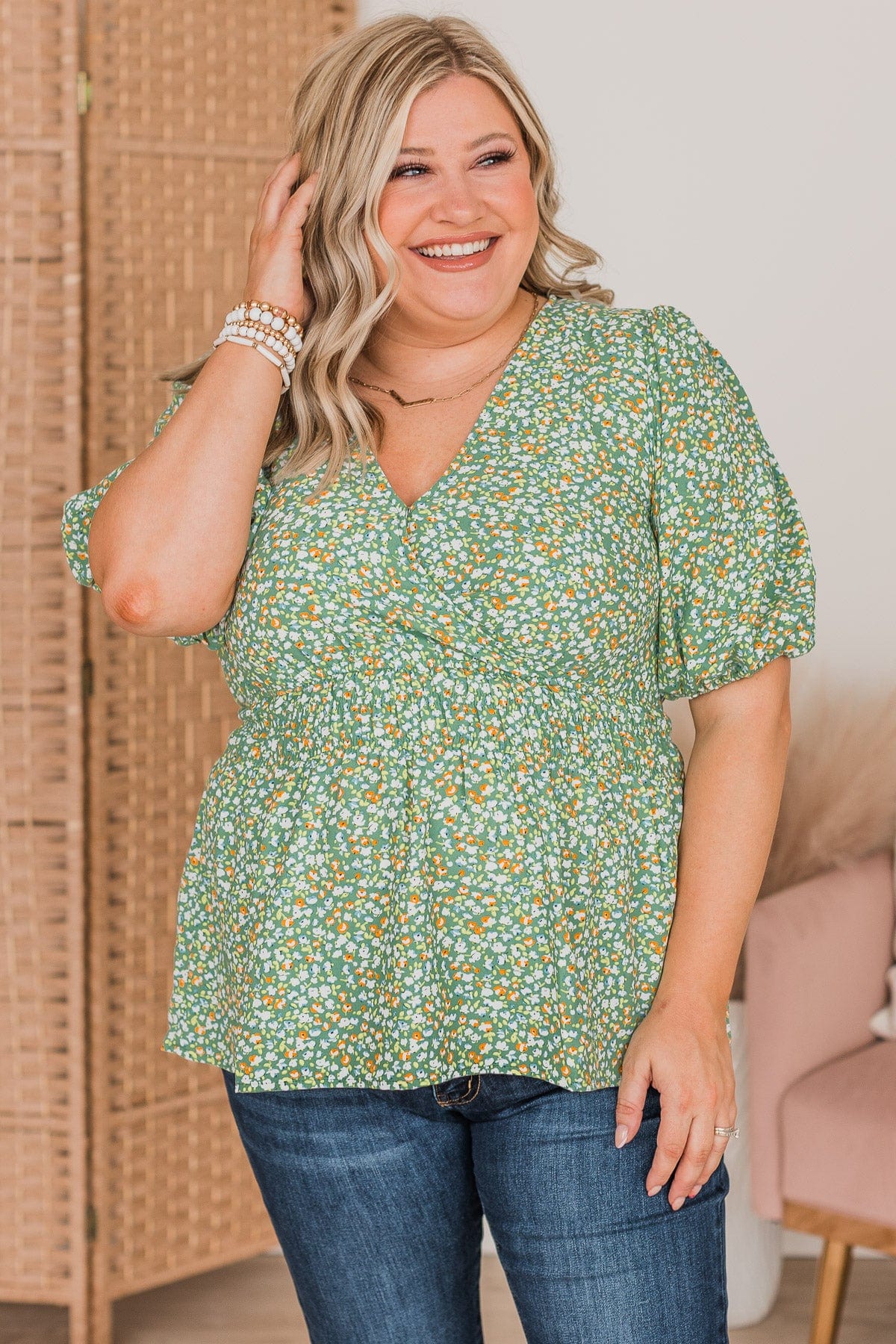 Floral Passions Puff Sleeve Peplum Blouse- Green
