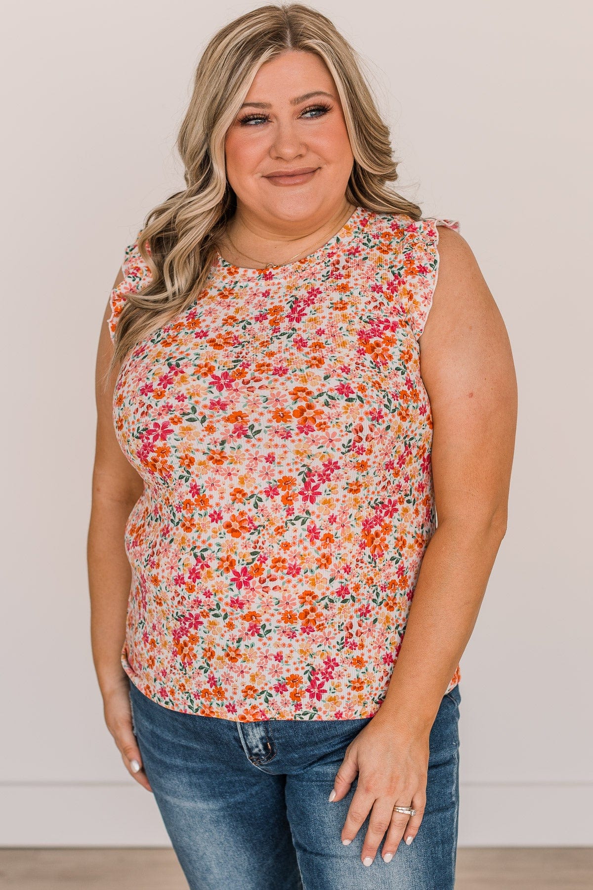 Late Night Romance Floral Knit Top- Pink & Orange
