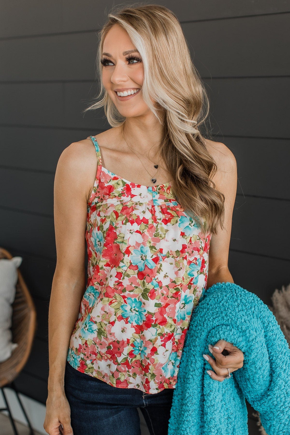 Lost In The Flowers Tank Top- Coral & Blue