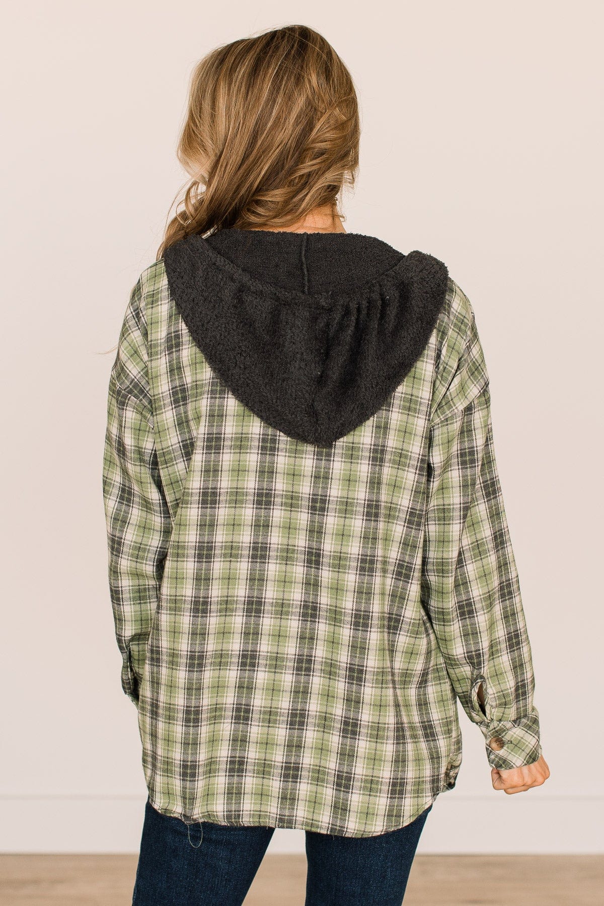 Take The Leap Hooded Plaid Top- Green & Charcoal