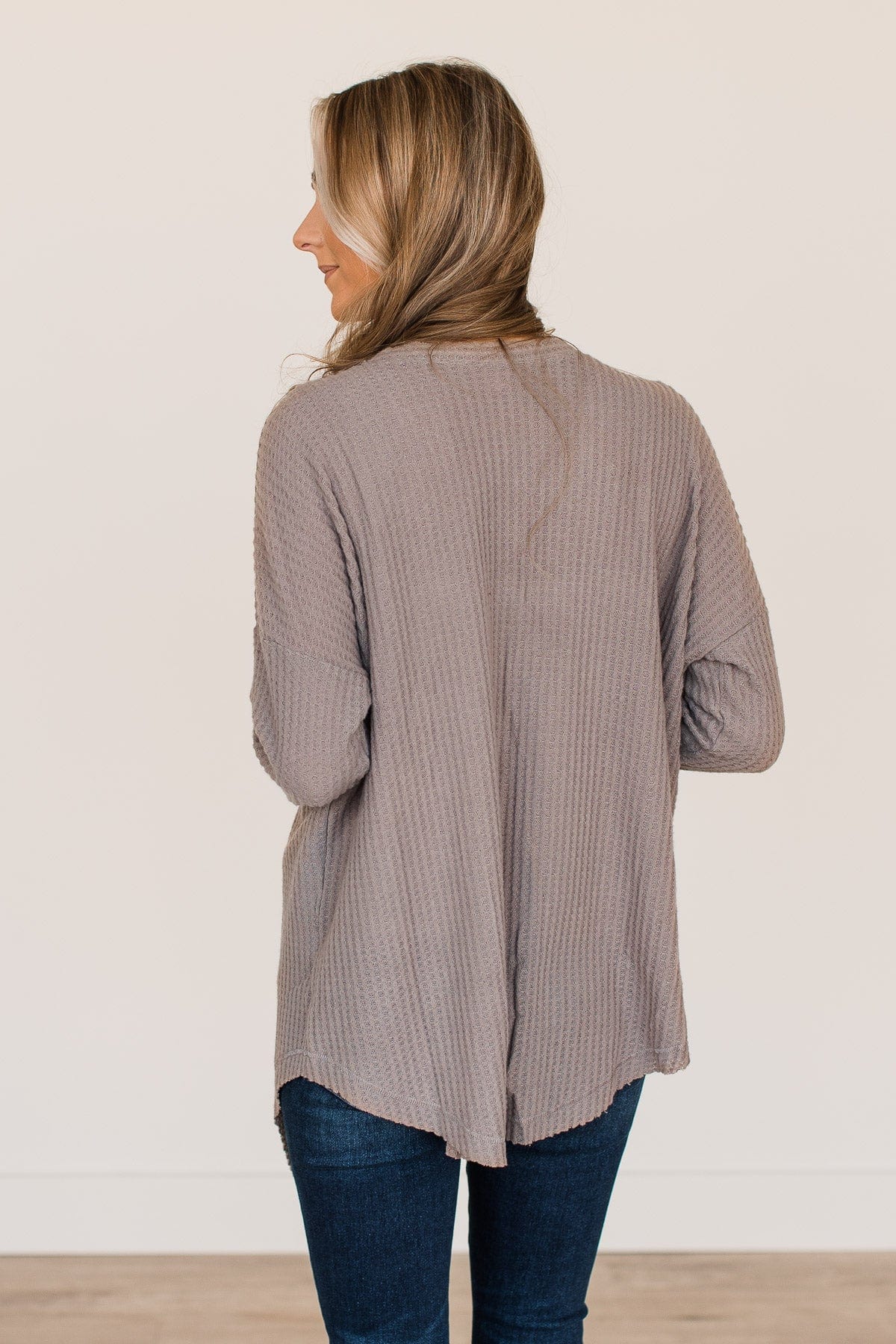 Campfire Cozy Waffle Knit Button Top- Taupe