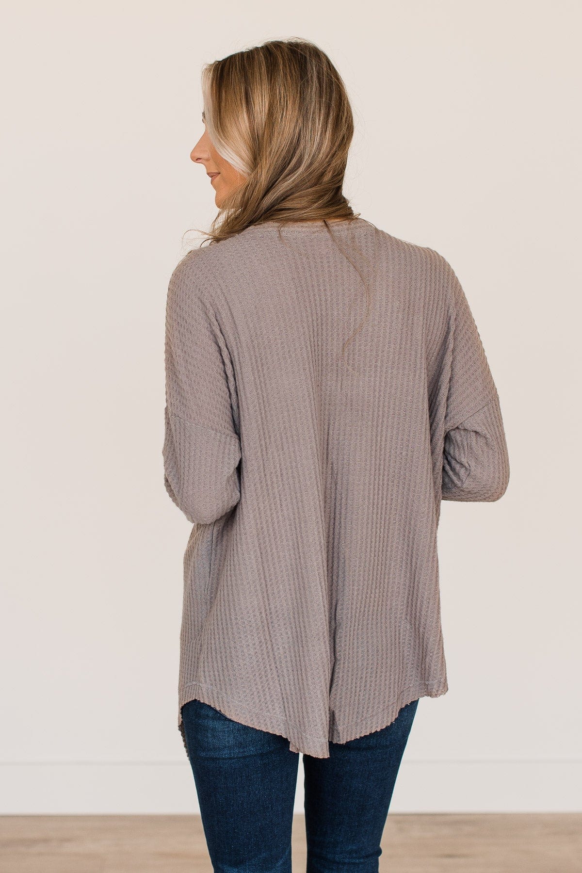 Campfire Cozy Waffle Knit Button Top- Taupe