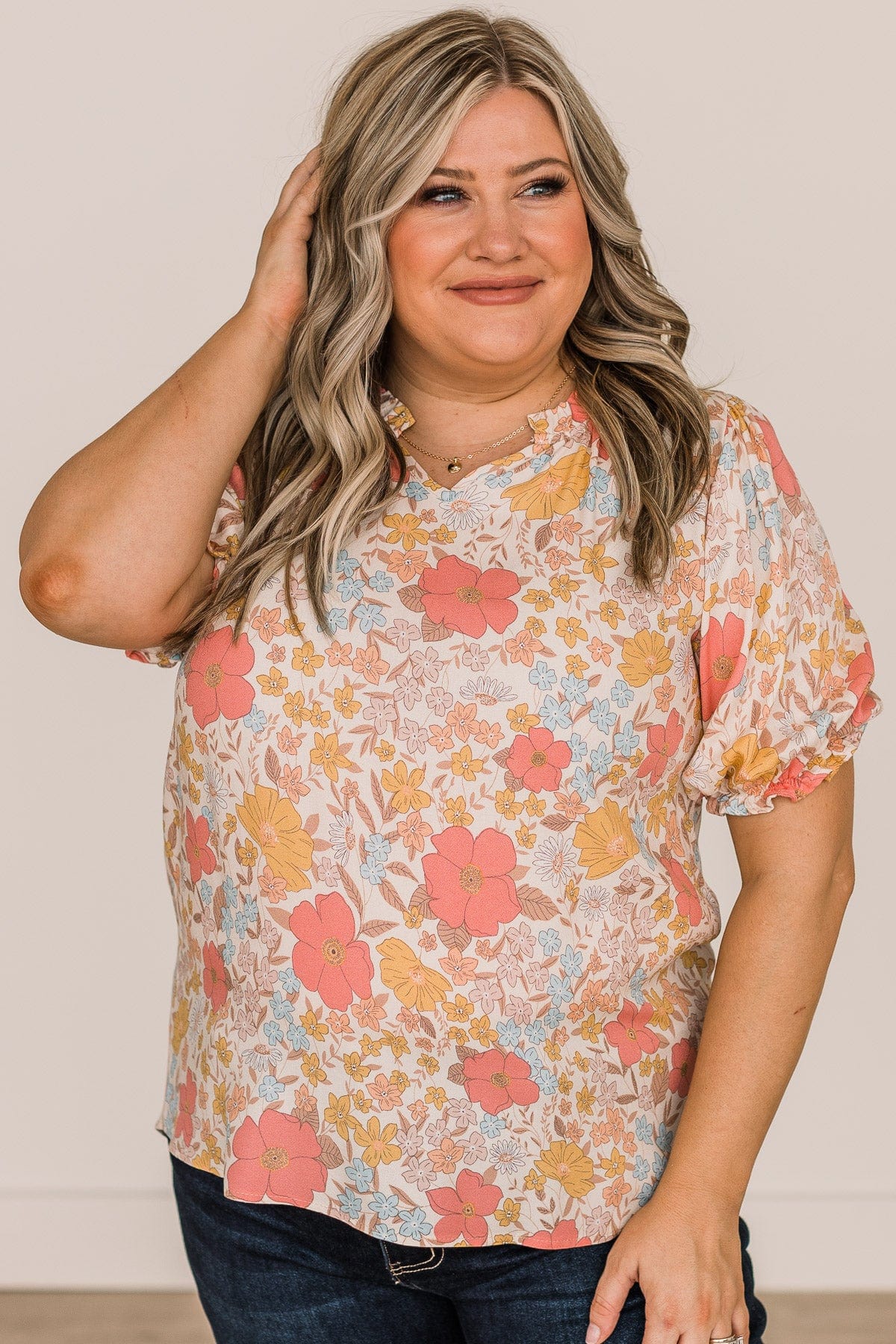 Full Of Happiness Floral Blouse- Cream & Pink
