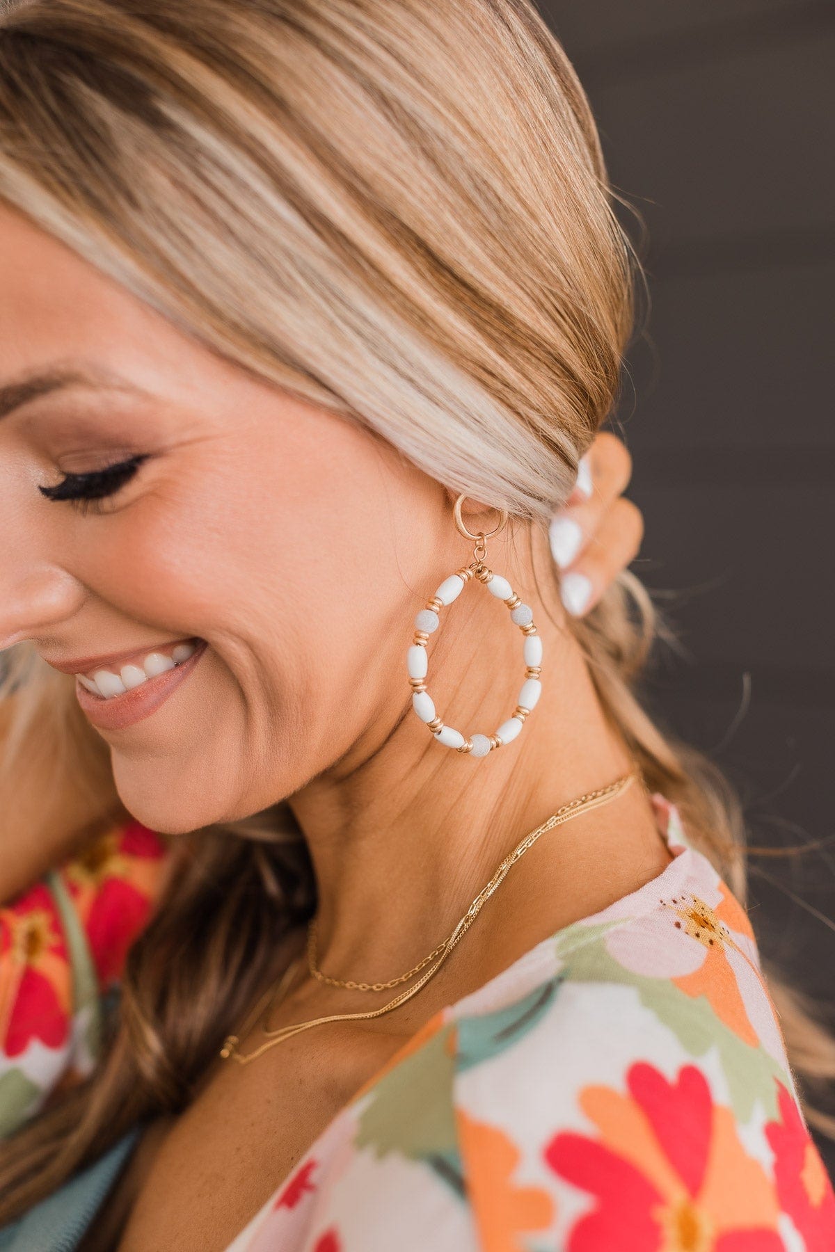 Stand Out Beaded Dangle Earrings- White & Grey