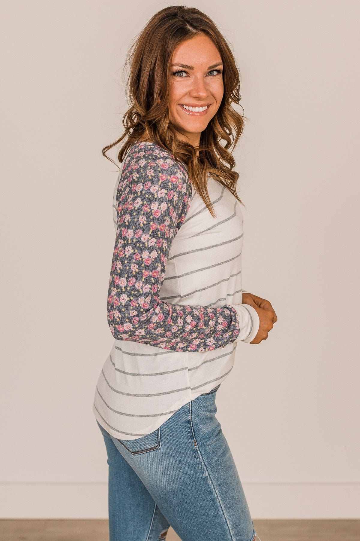 Floral Desires Long Sleeve Knit Top- Ivory & Charcoal