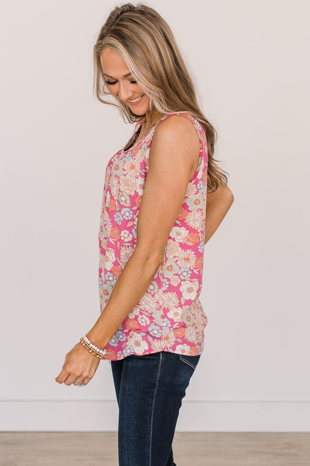 Cross Your Path Floral Tank Top- Bright Pink