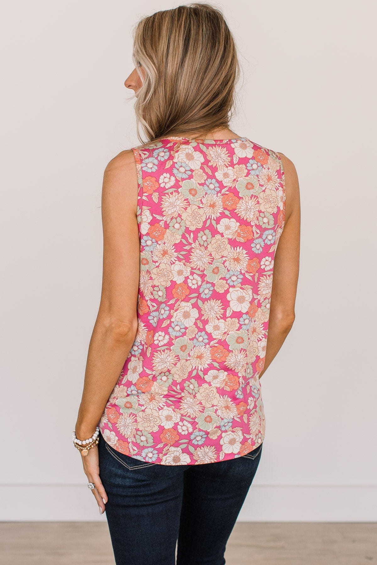 Cross Your Path Floral Tank Top- Bright Pink