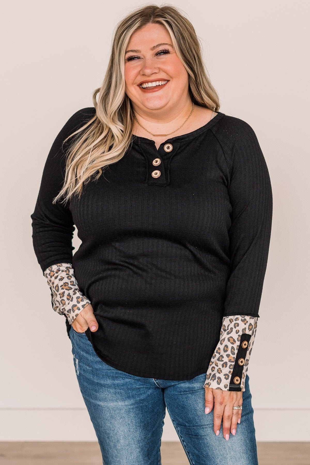 At My Happiest Button Knit Top- Black