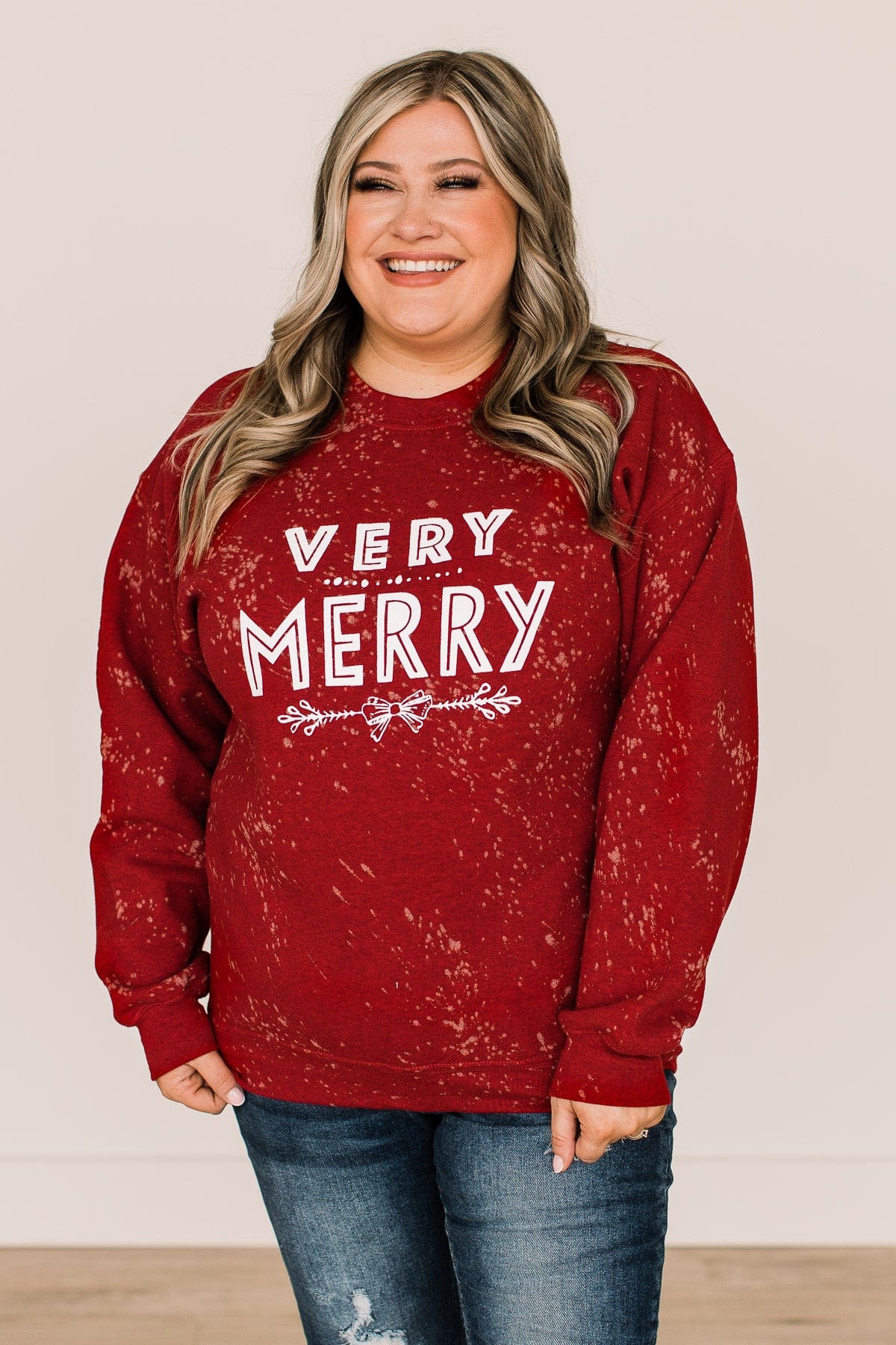 "Very Merry" Bleached Crew Neck- Red
