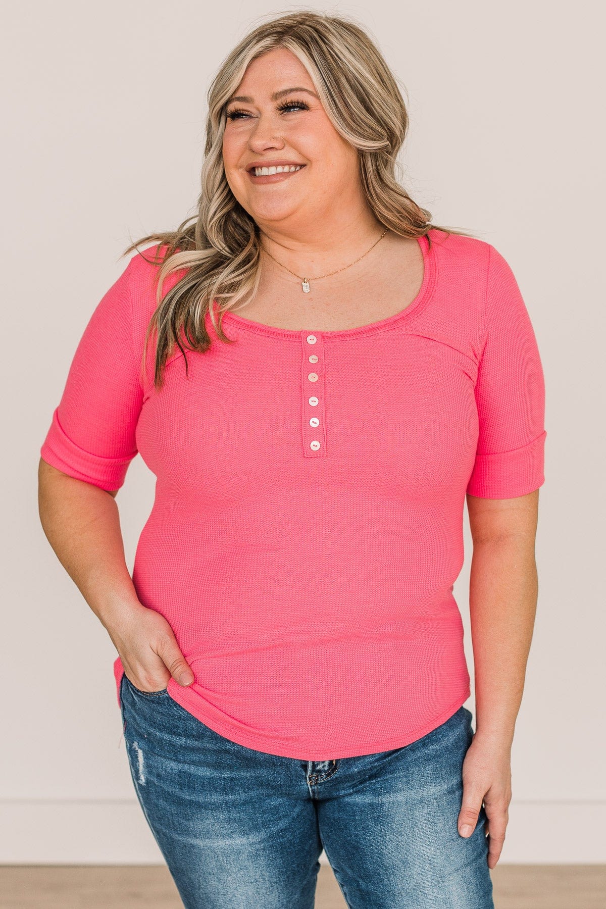 Right Timing Short Sleeve Button Top- Neon Pink