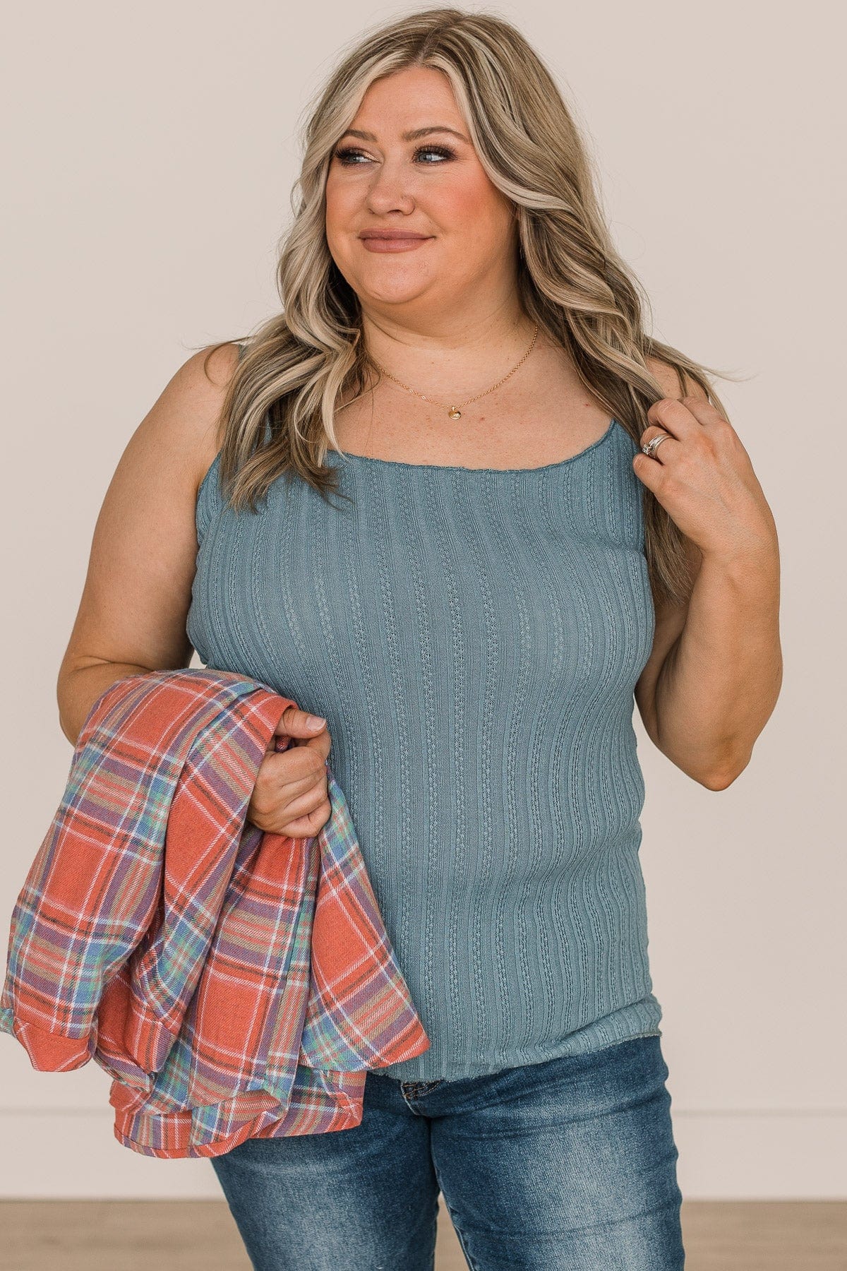 Happiness Is Within Ribbed Knit Tank- Slate Blue