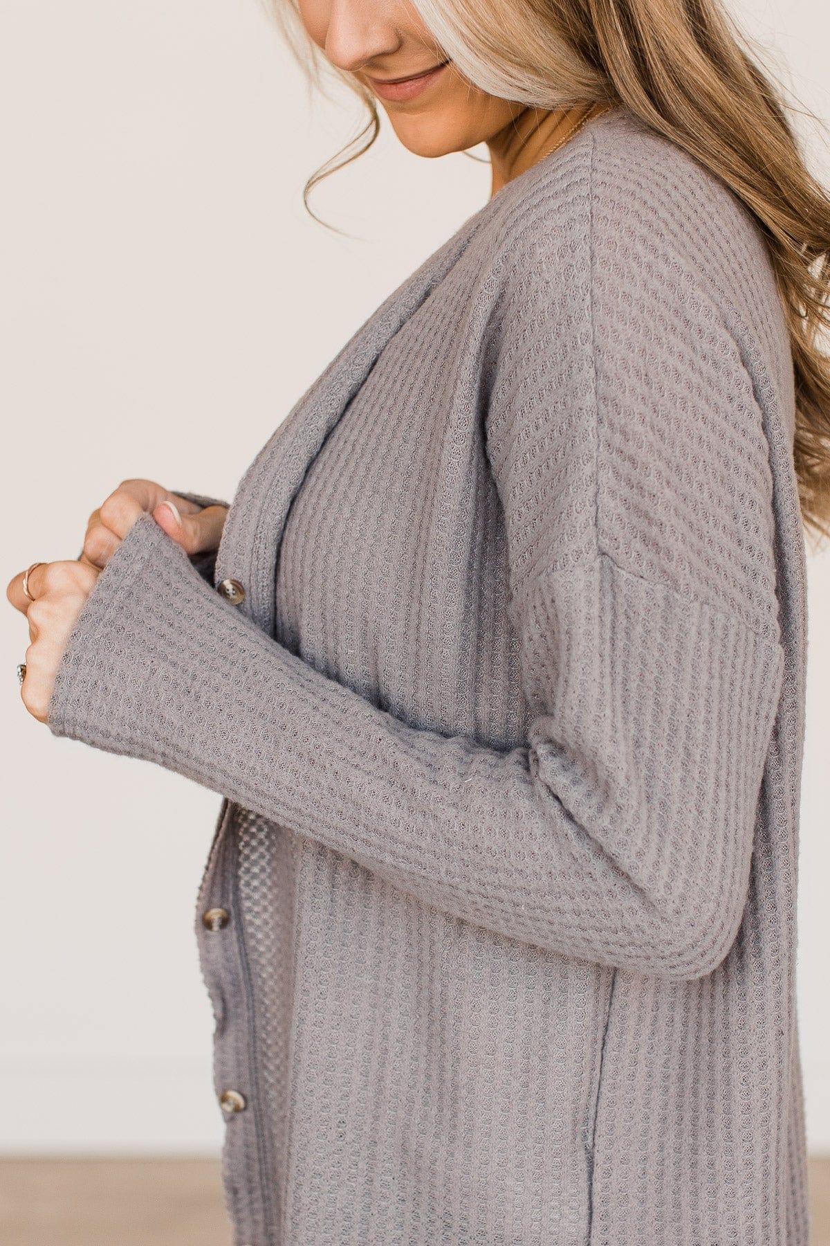 Campfire Cozy Waffle Knit Button Top- Taupe