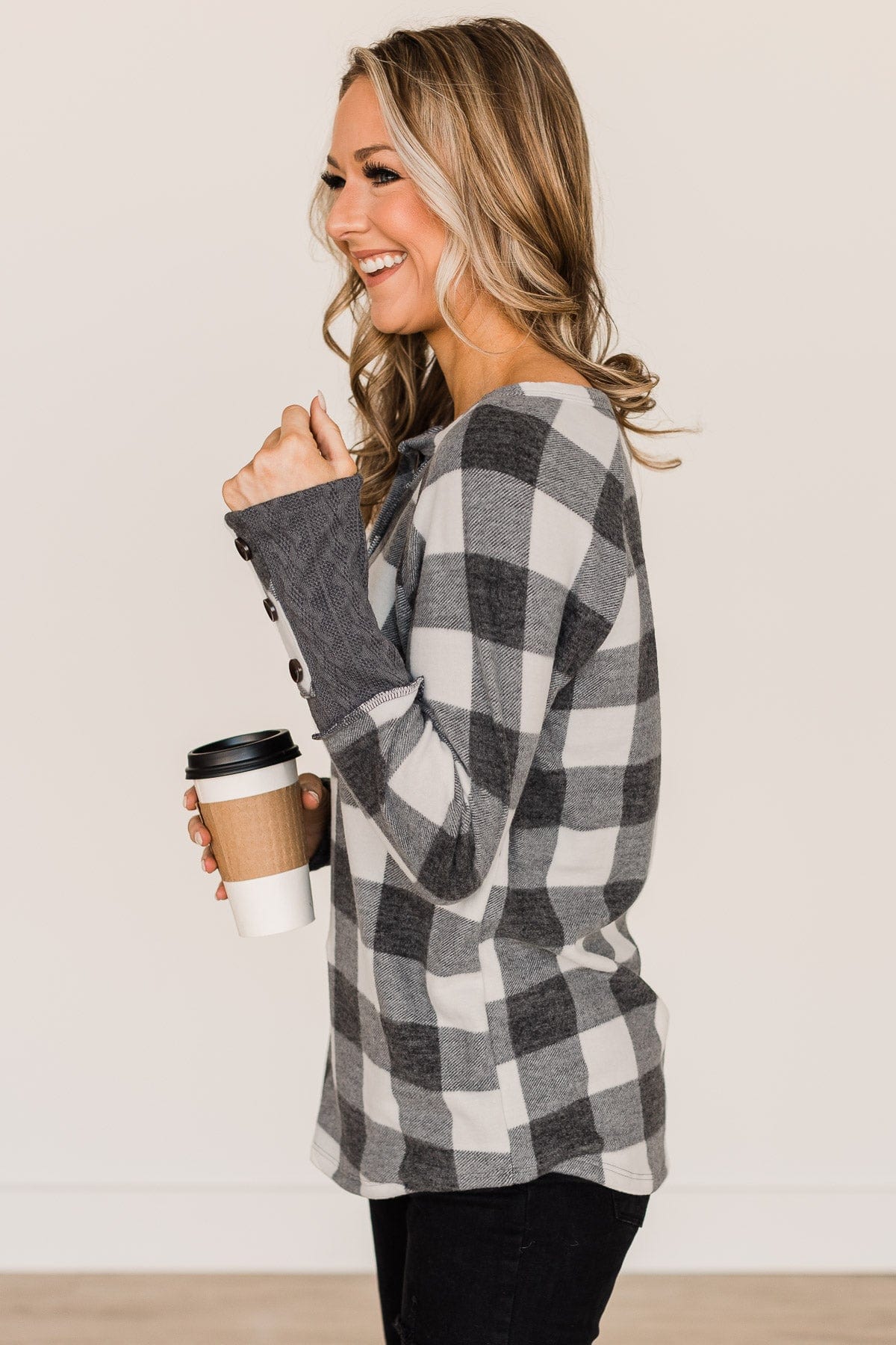 By The Fireside Plaid Knit Top- Off-White & Charcoal