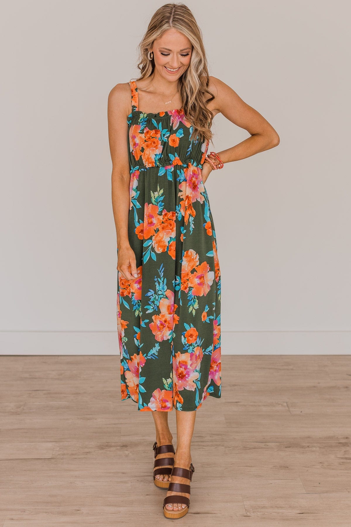 Give It A Chance Floral Midi Dress- Dark Olive