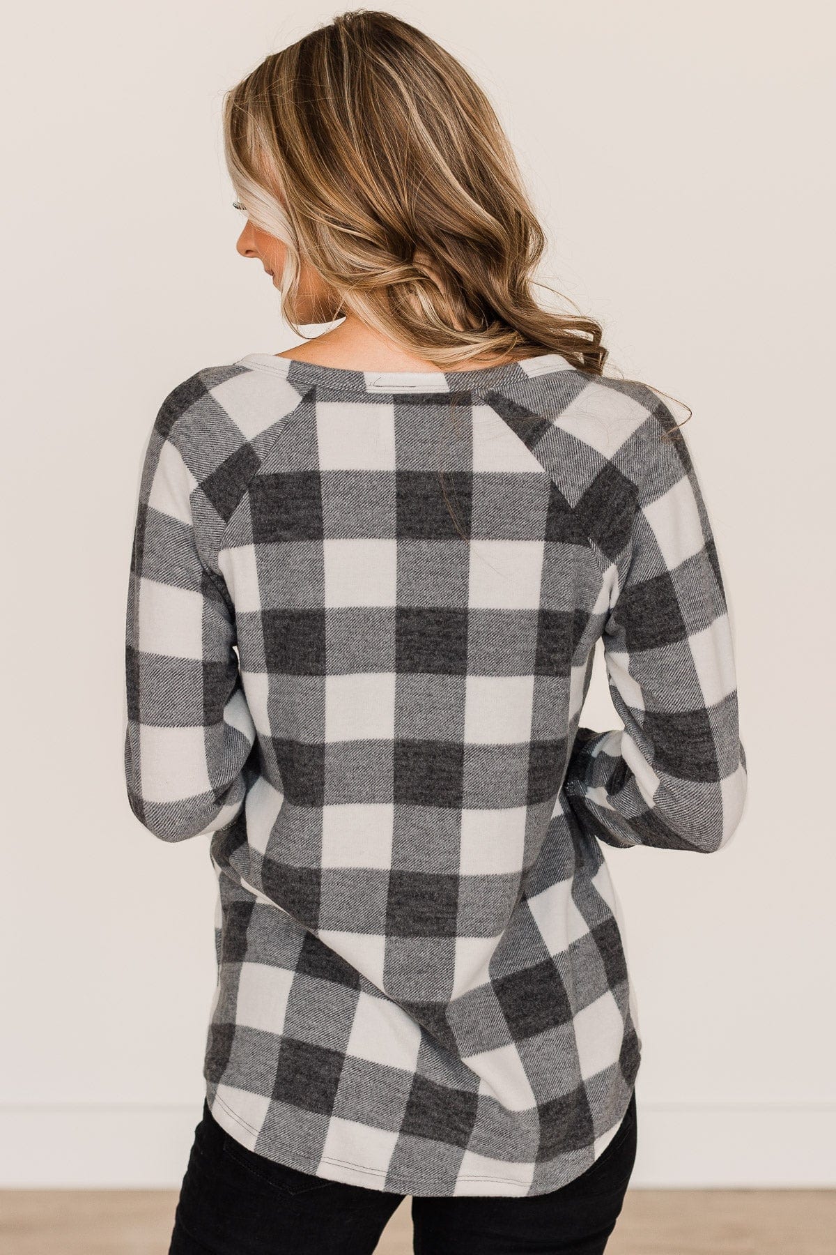 By The Fireside Plaid Knit Top- Off-White & Charcoal