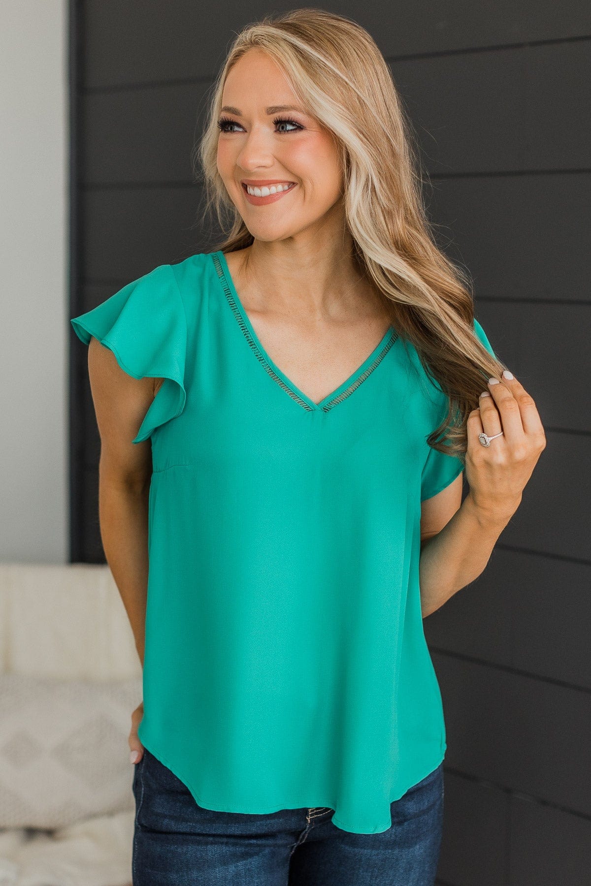 Good Days Ahead V-Neck Top- Emerald Green