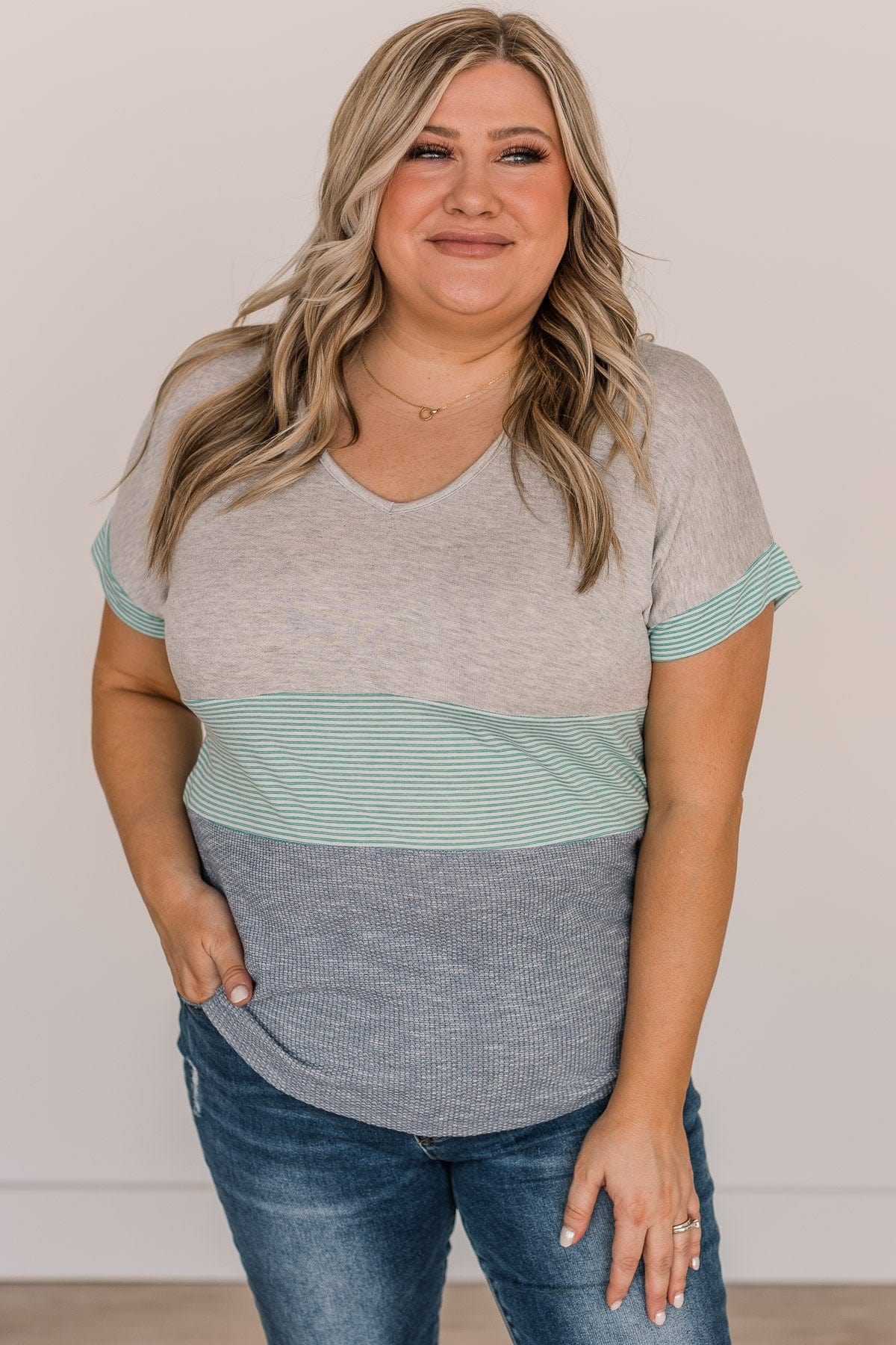 Up To Standards Color Block Top- Light Grey & Denim Blue