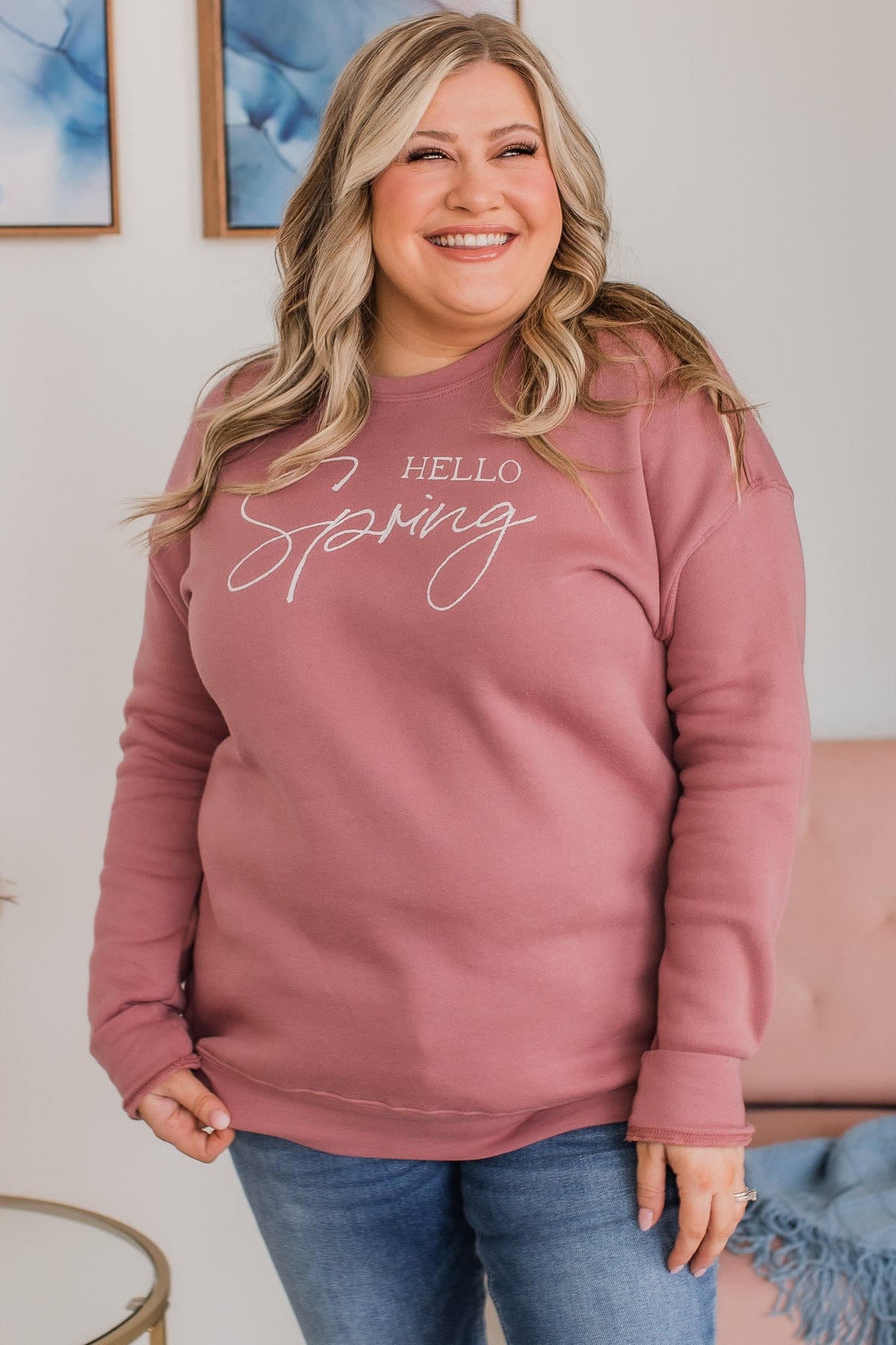 "Hello Spring" Graphic Crew Neck Pullover- Mauve
