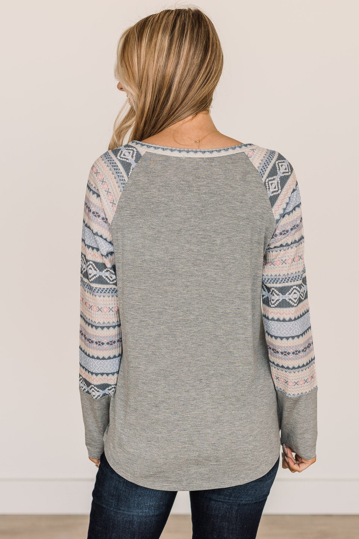 Fearless Looks Aztec Print Top- Heather Grey