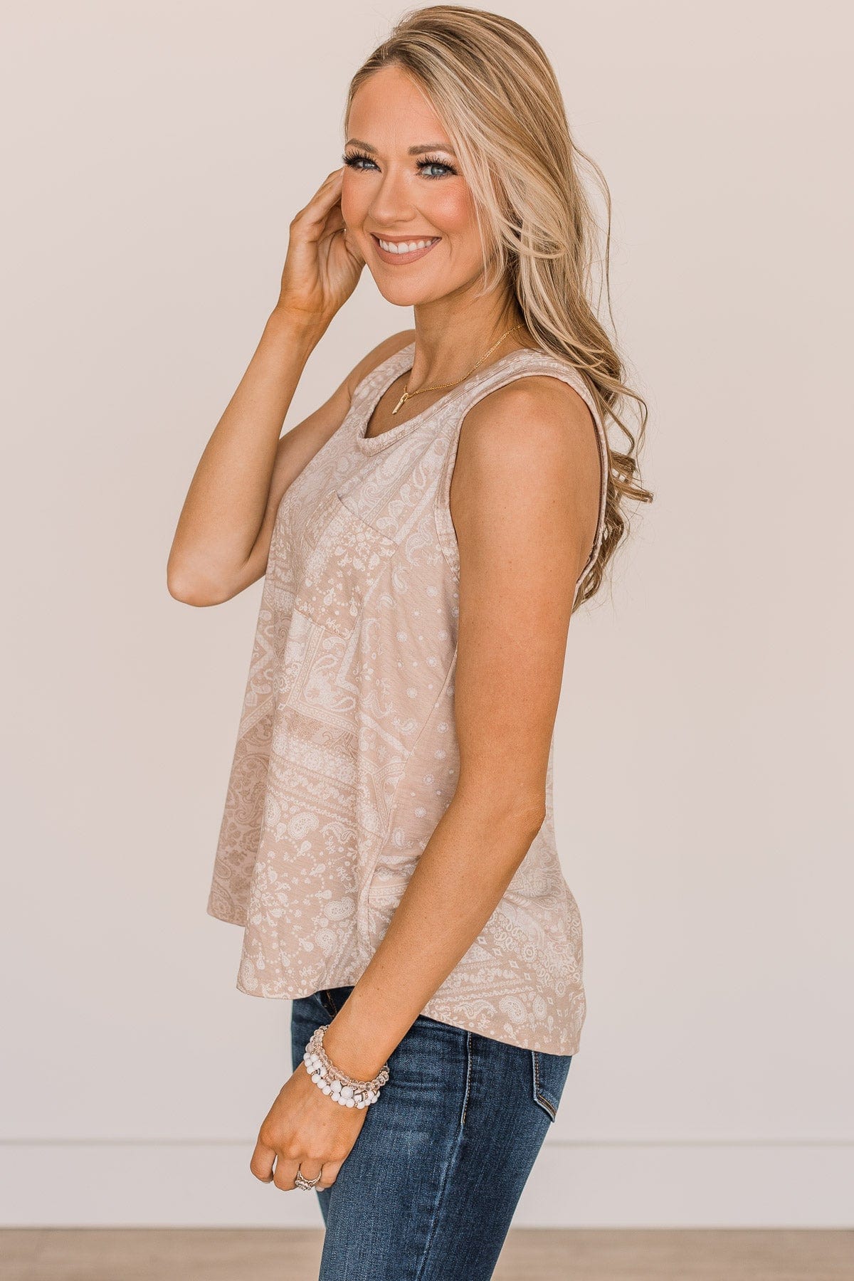 Call On You Printed Tank Top- Light Taupe