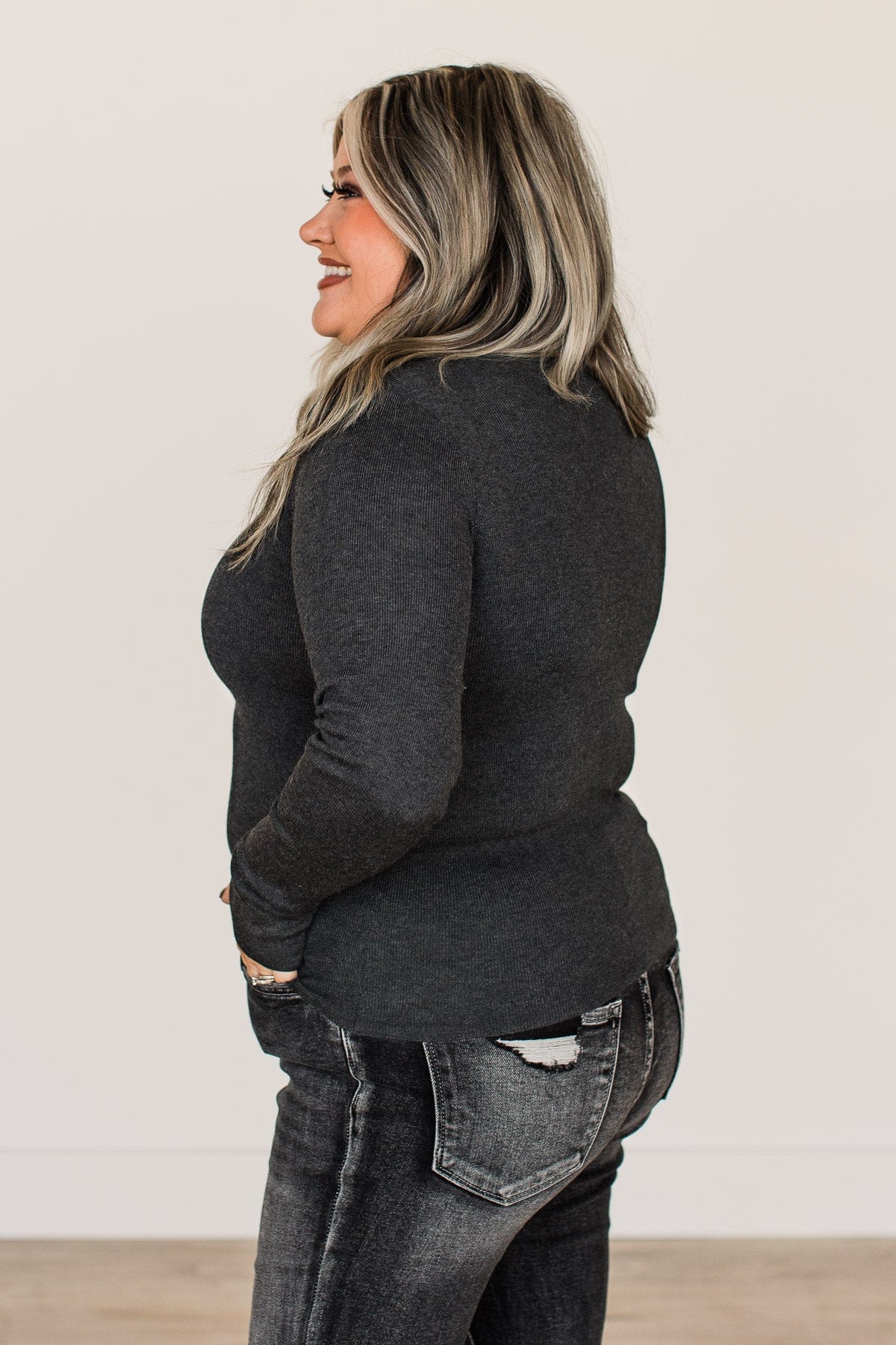 Just Because Long Sleeve Knit Top- Charcoal