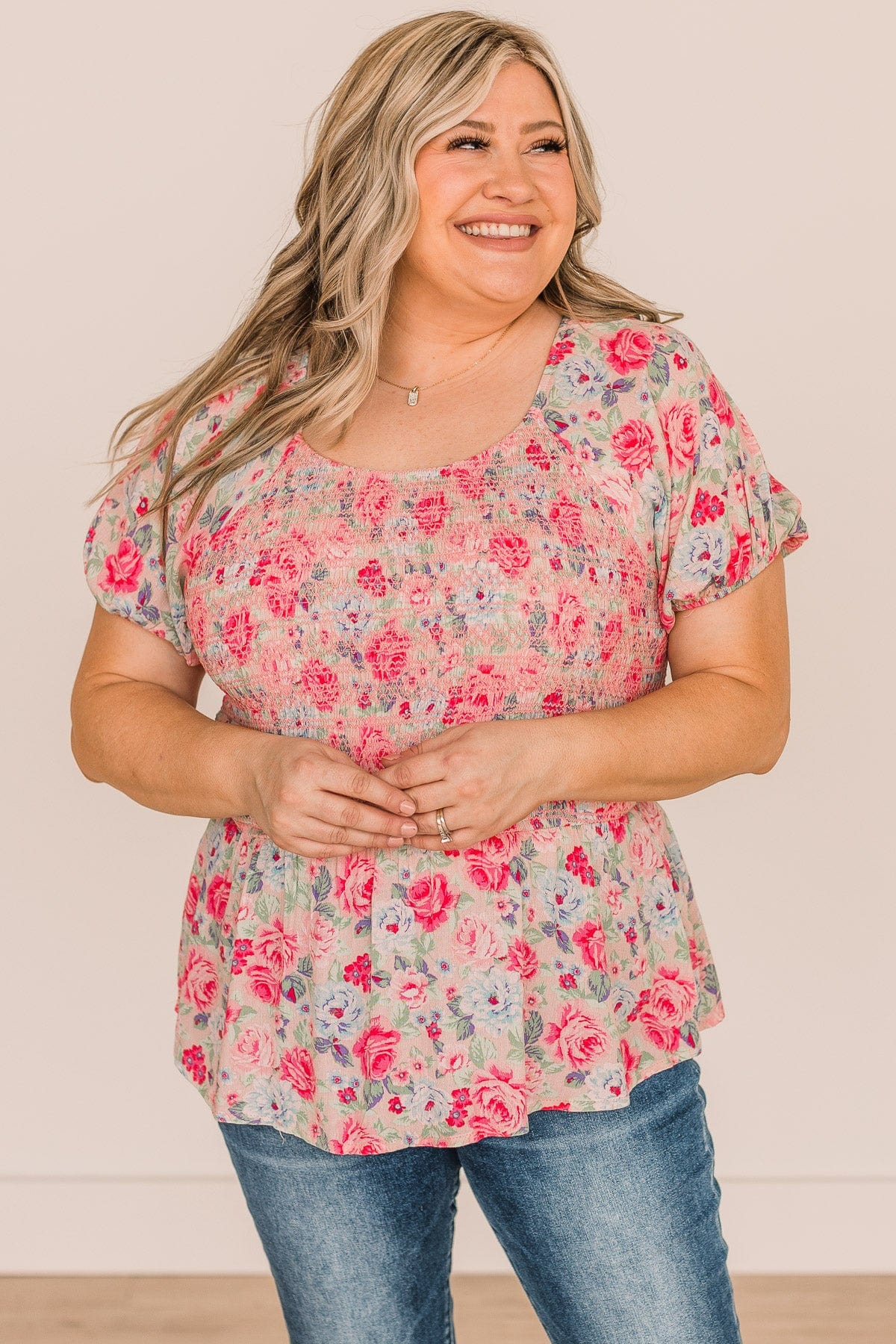Blue Skies Ahead Floral Smocked Blouse- Pink & Mint