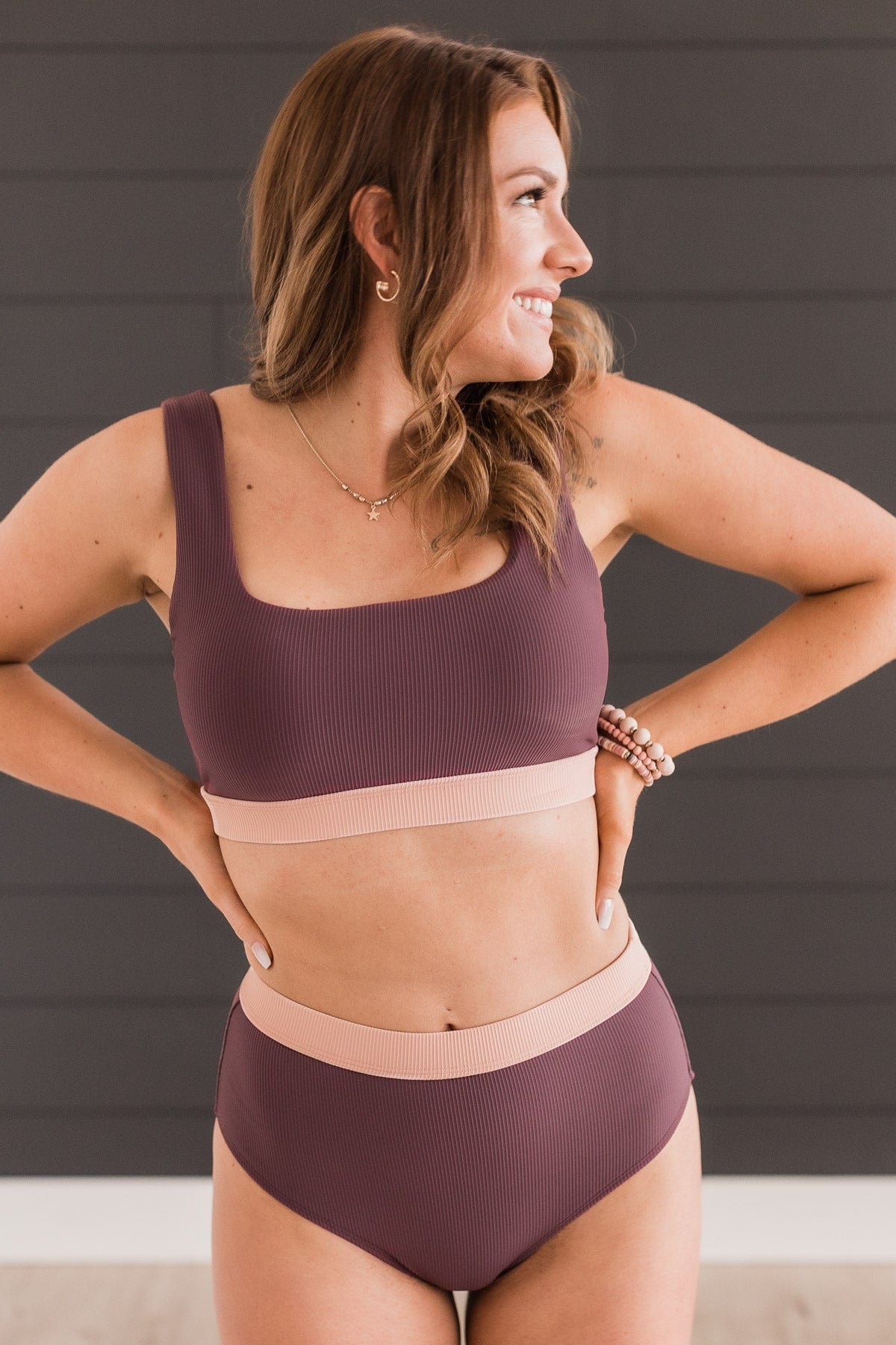 Sweeter Than Sunshine Ribbed Swim Top- Eggplant & Pink
