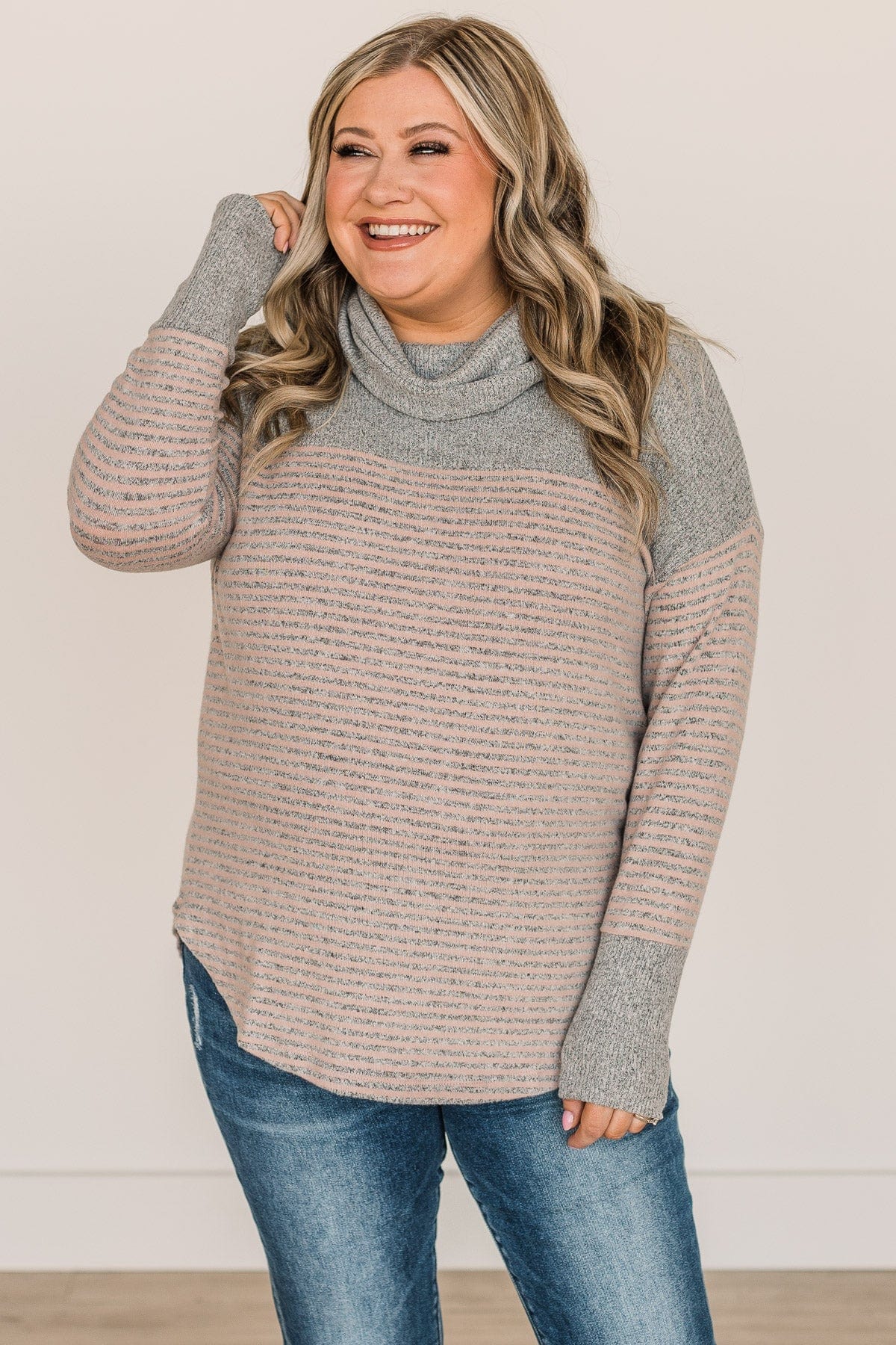 Just Can't Wait Cowl Neck Top- Grey & Dusty Pink