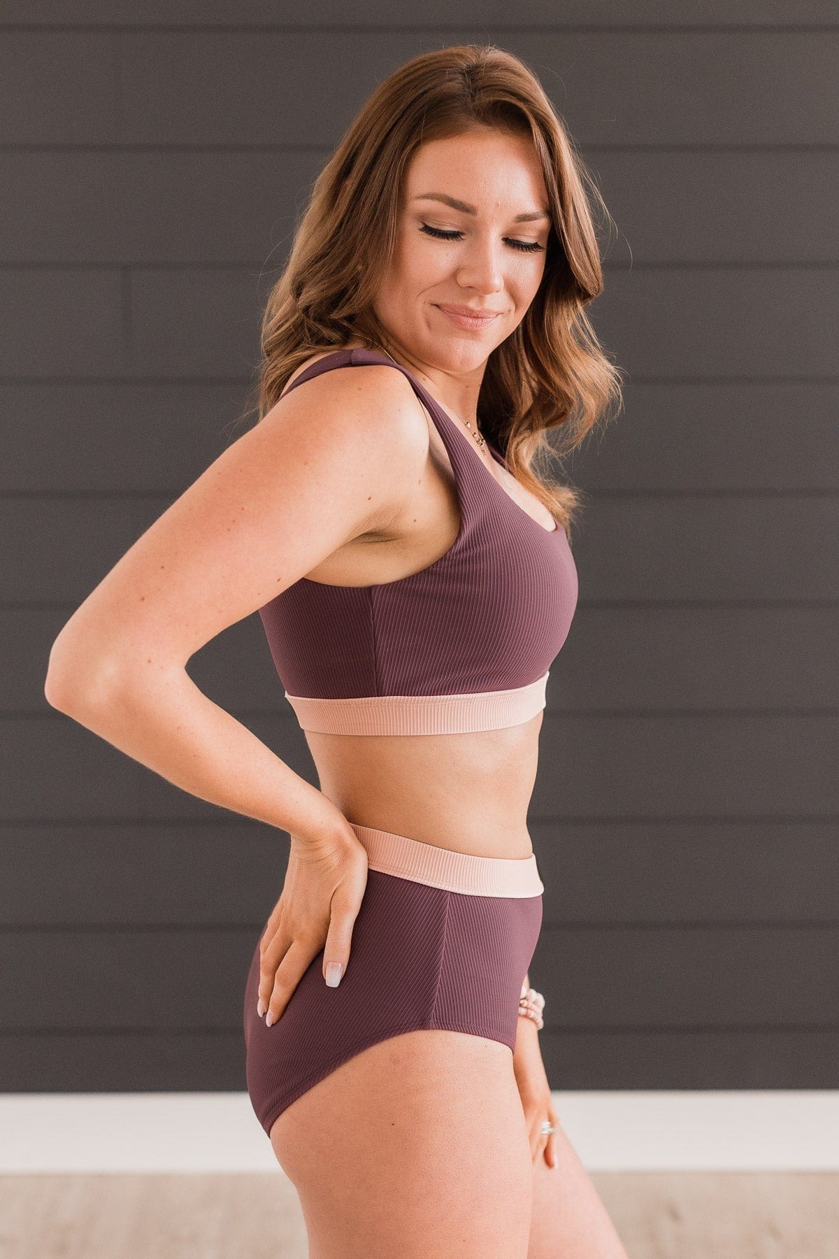Sweeter Than Sunshine Ribbed Swim Top- Eggplant & Pink