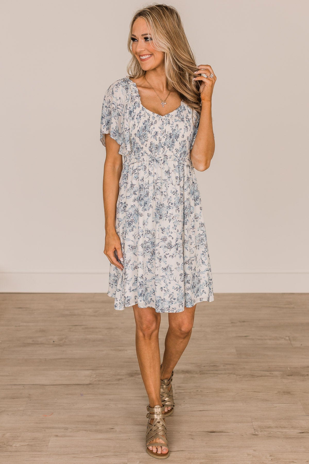 Destined To Fly Smocked Floral Dress- Ivory & Blue