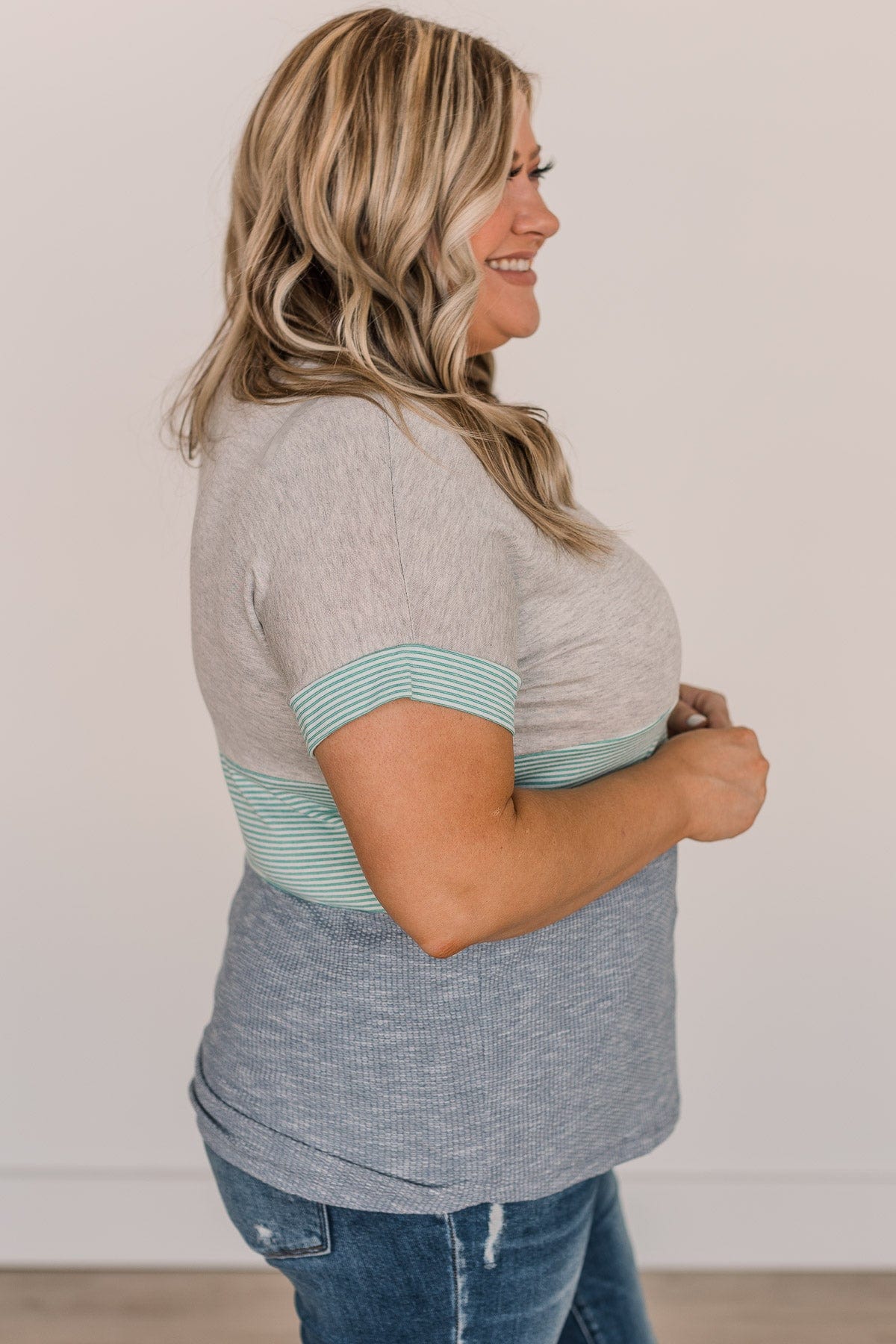 Up To Standards Color Block Top- Light Grey & Denim Blue