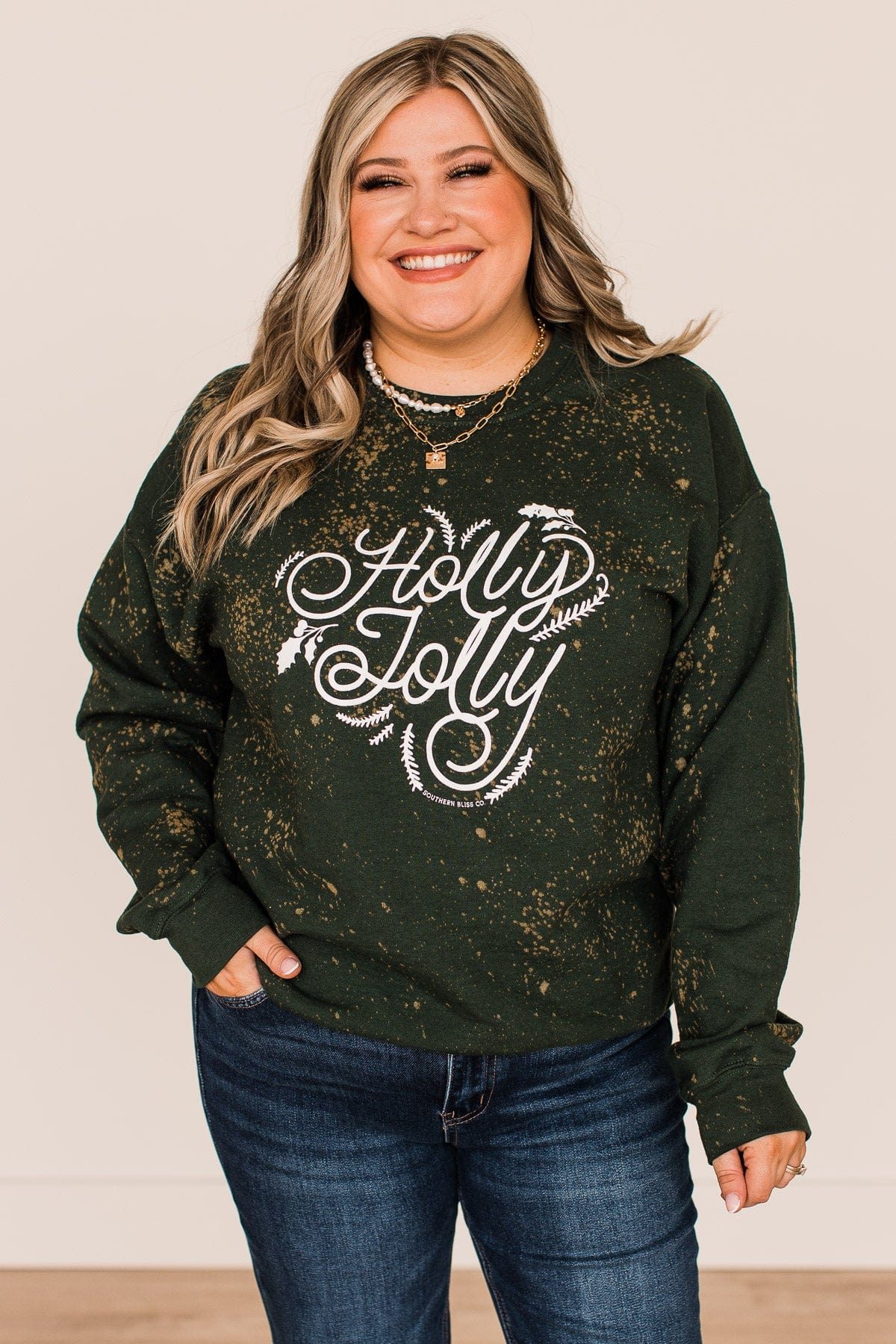 "Holly Jolly" Bleached Pullover- Wintergreen