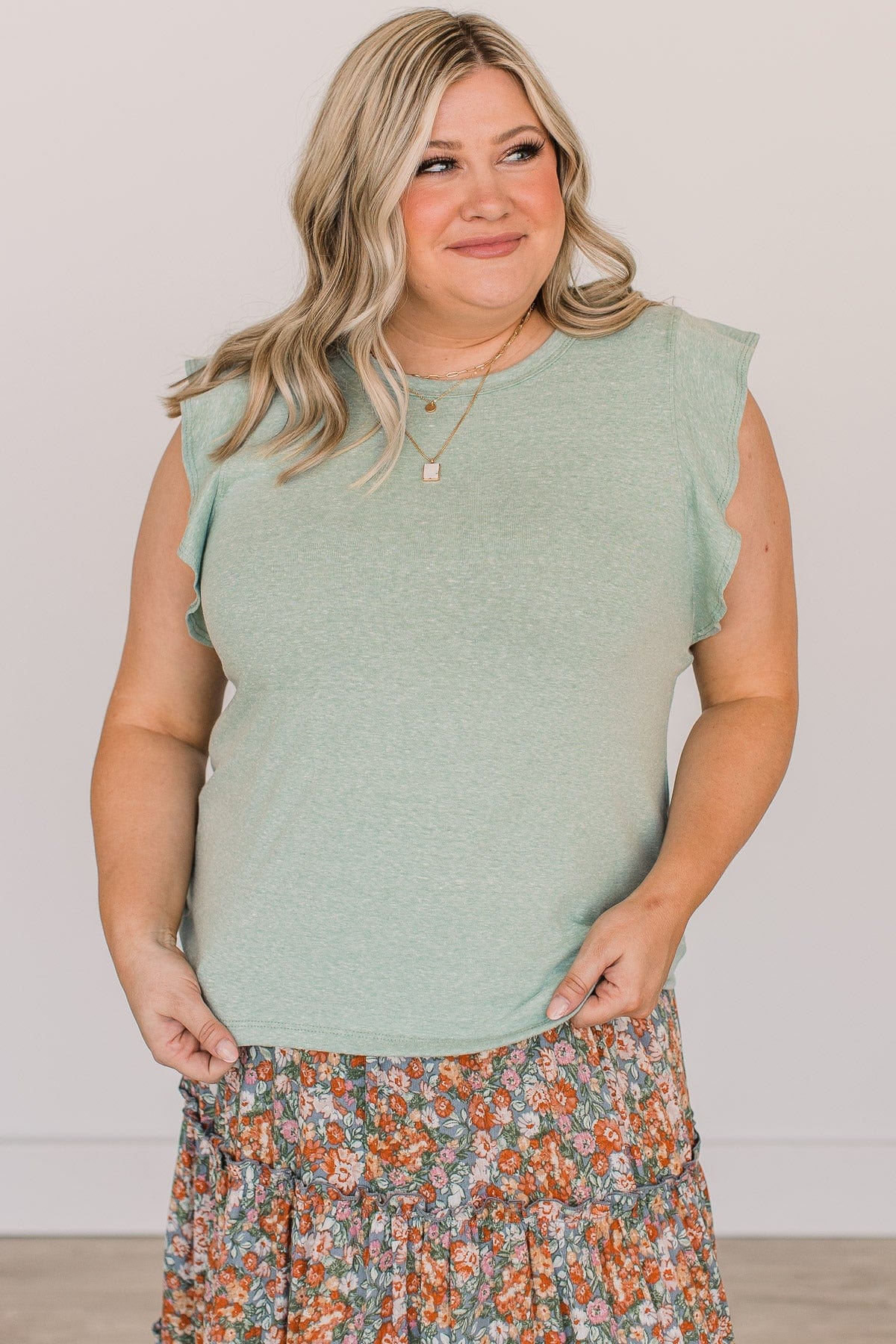 Lucky You Ruffle Sleeve Top- Sage