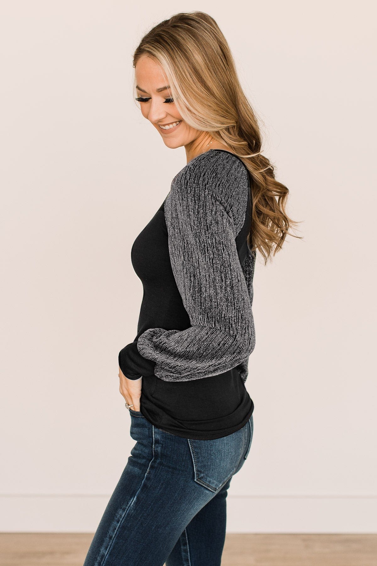 About Last Night Shimmer Sleeve Top- Black & Silver