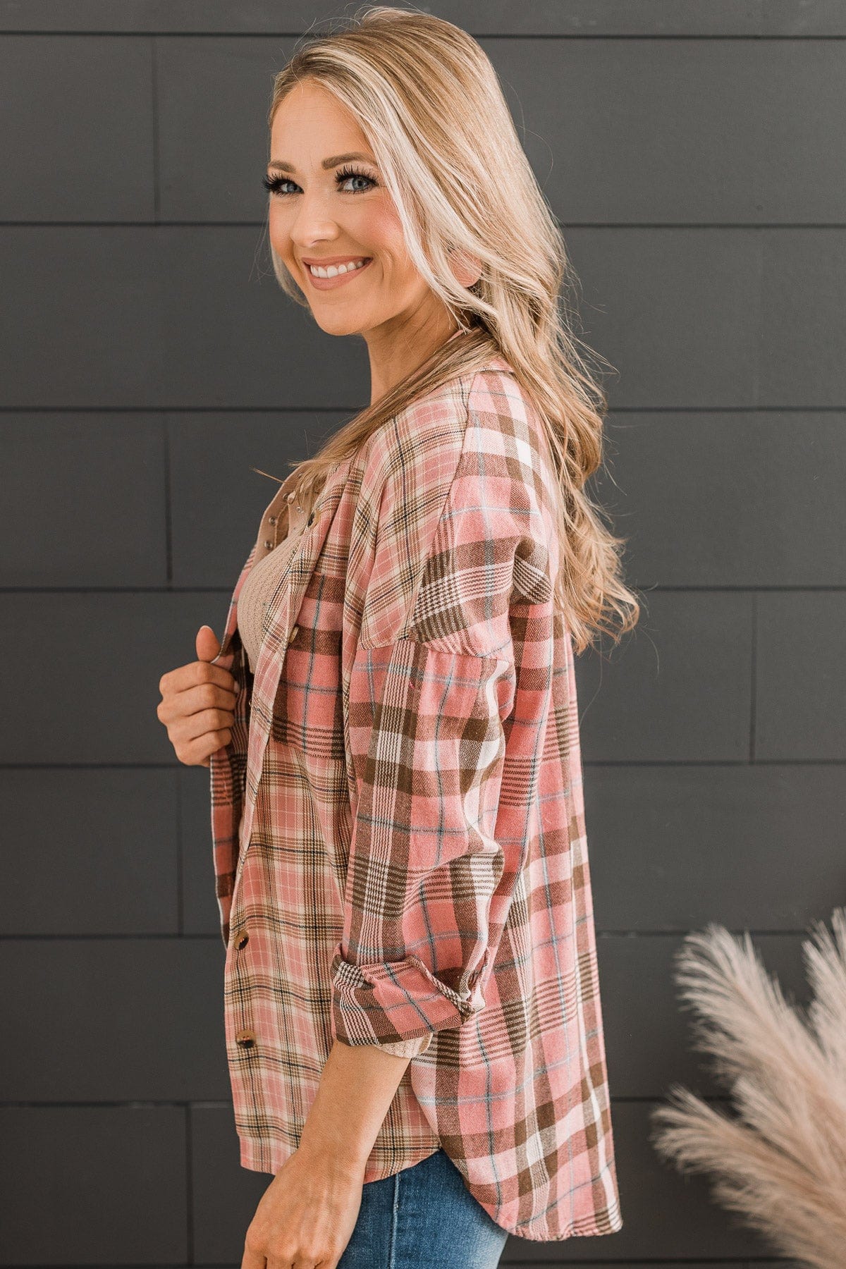 Stand By You Button Down Plaid Top- Pink
