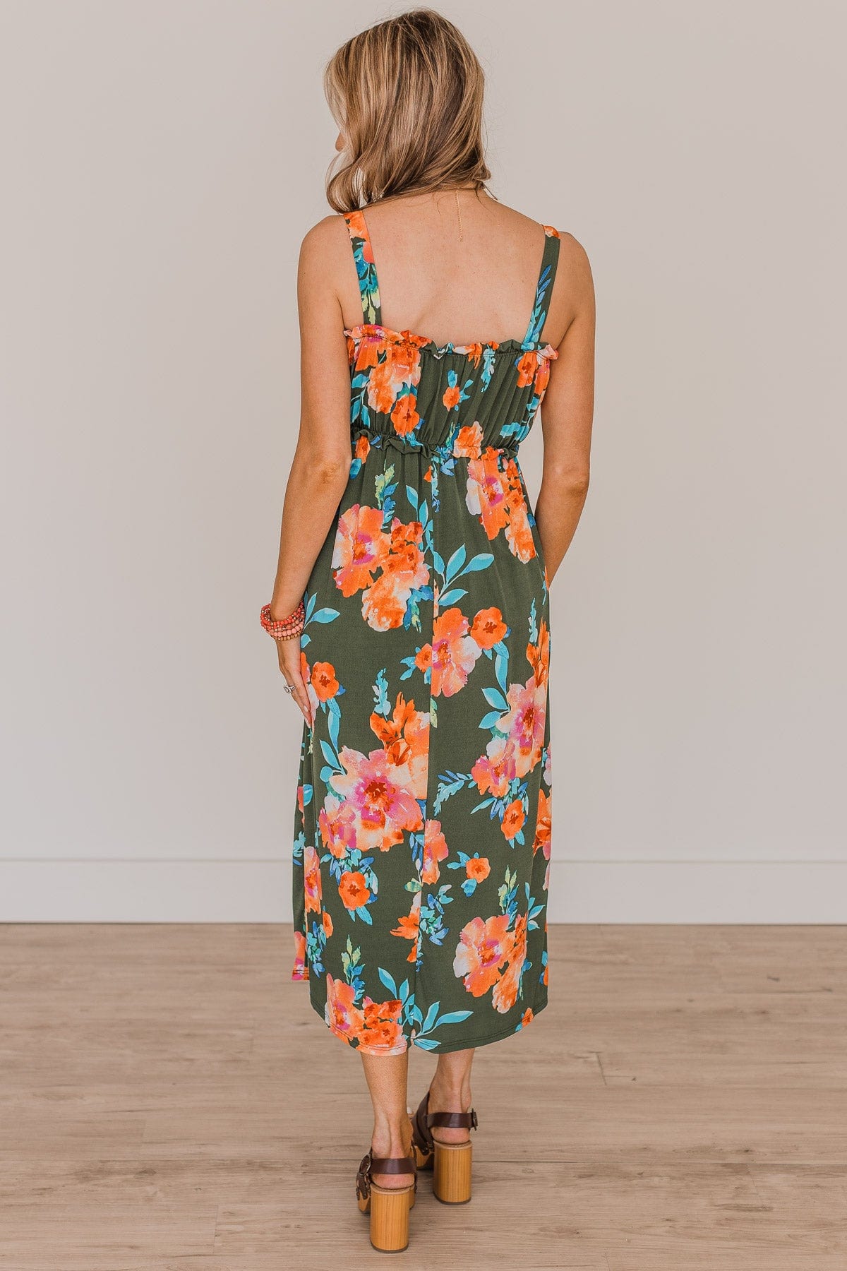 Give It A Chance Floral Midi Dress- Dark Olive