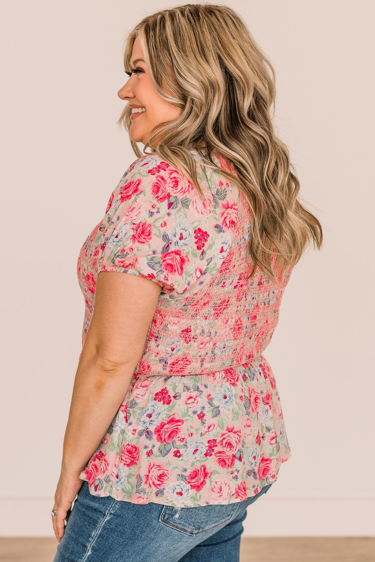 Blue Skies Ahead Floral Smocked Blouse- Pink & Mint