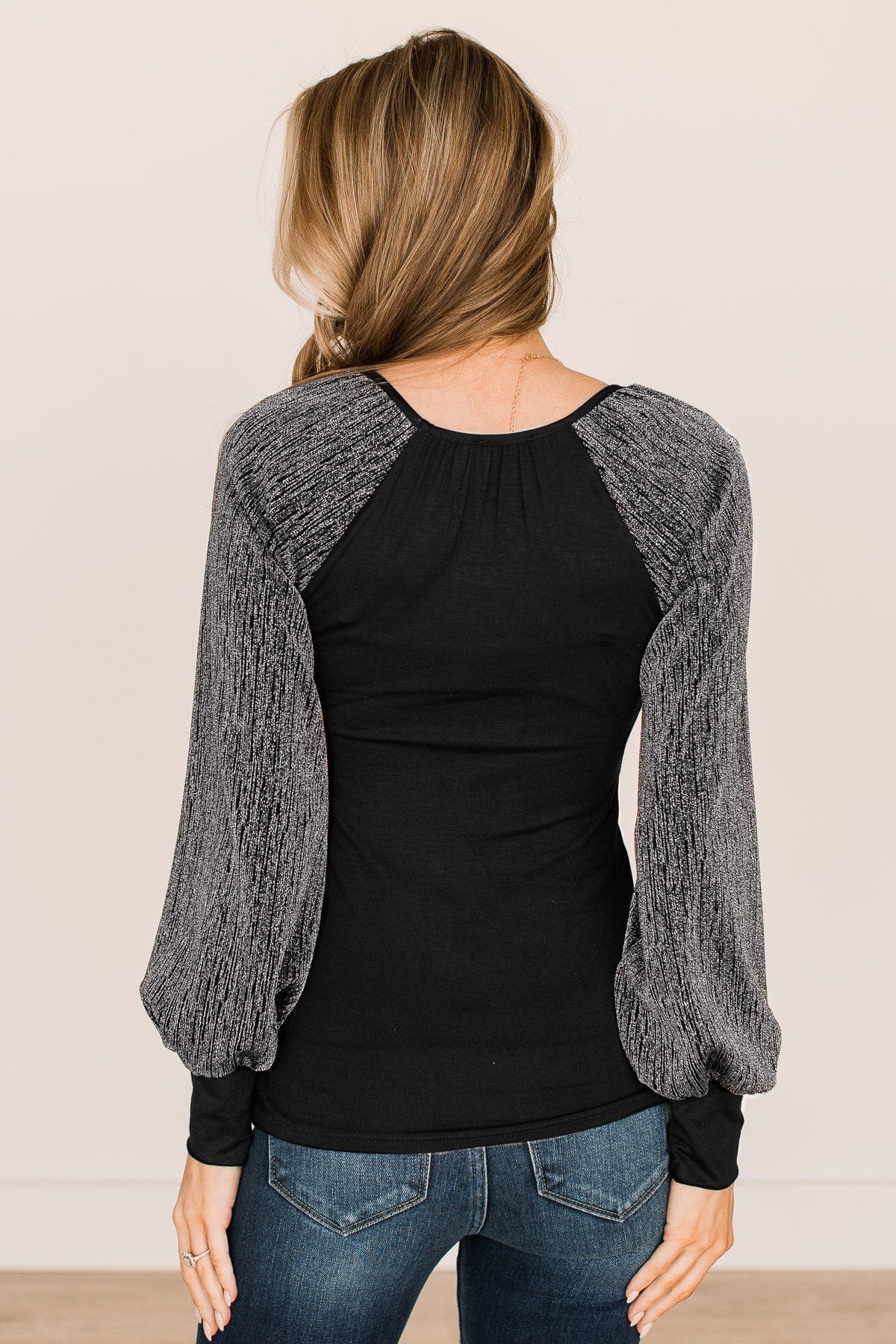 About Last Night Shimmer Sleeve Top- Black & Silver
