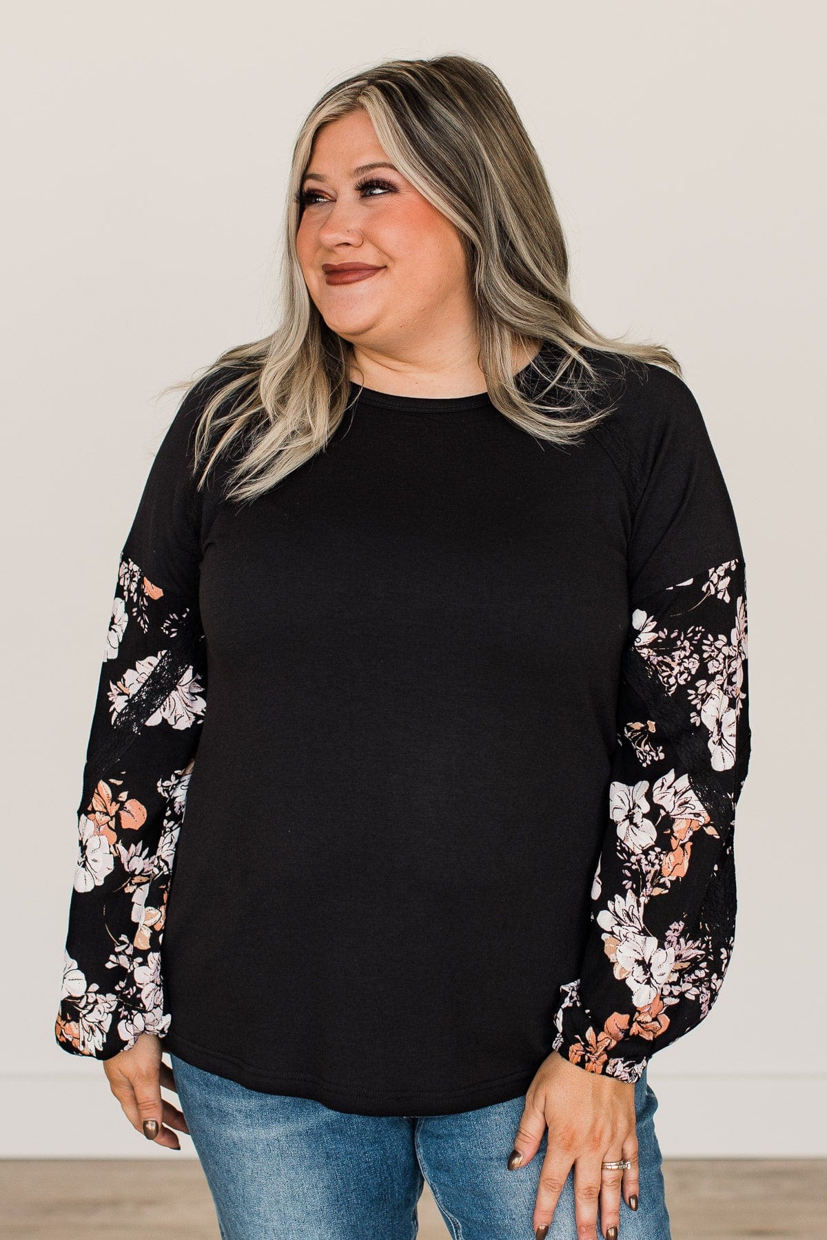 One To Remember Floral Sleeve Top- Black