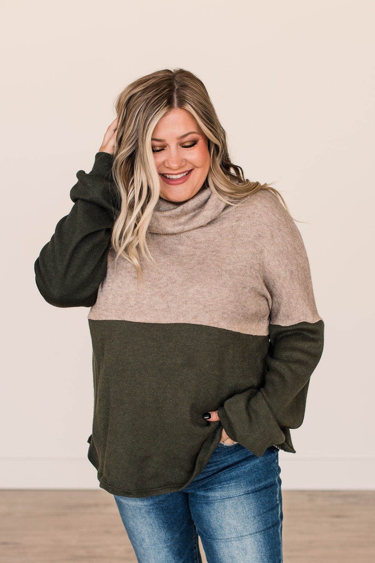 Never Too Close Cowl Neck Top- Taupe & Dark Olive