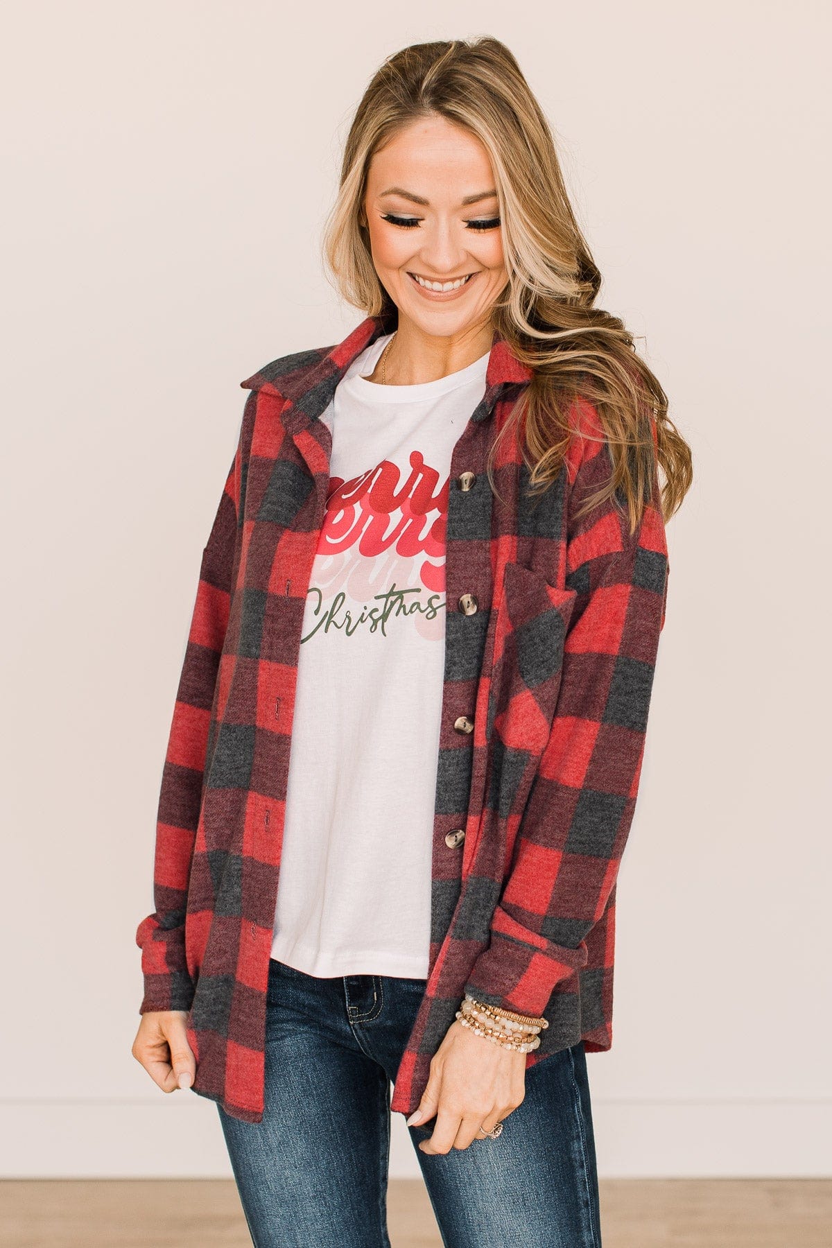 Cozy At The Cabin Plaid Button Top- Red