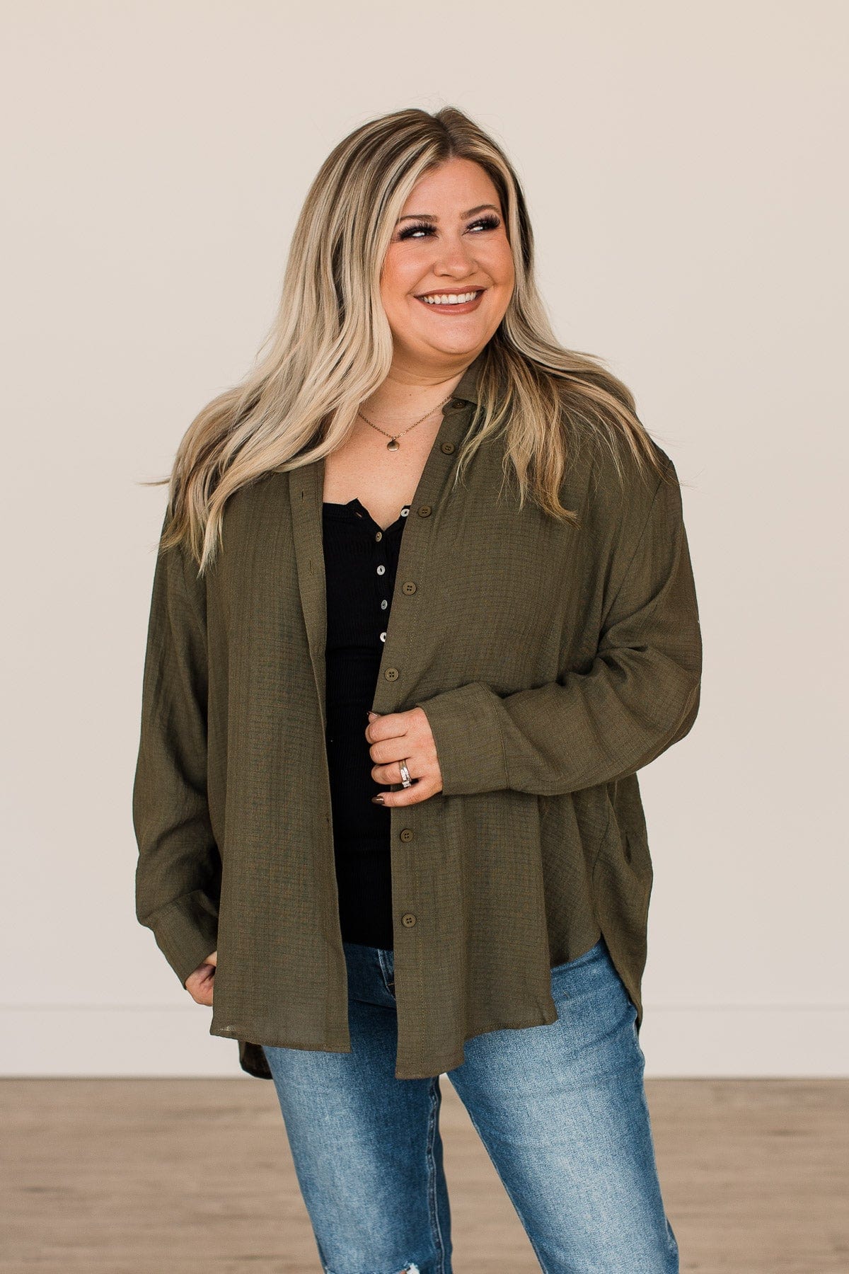 Just Getting Good Button Top- Dark Olive