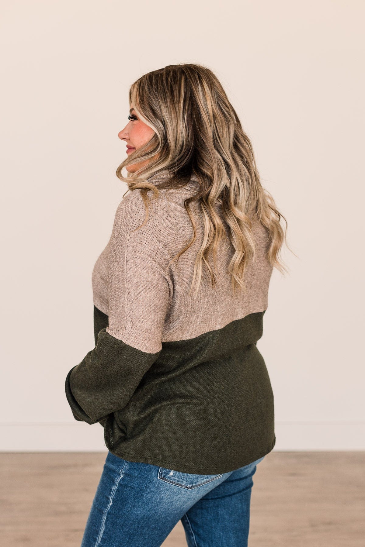 Never Too Close Cowl Neck Top- Taupe & Dark Olive
