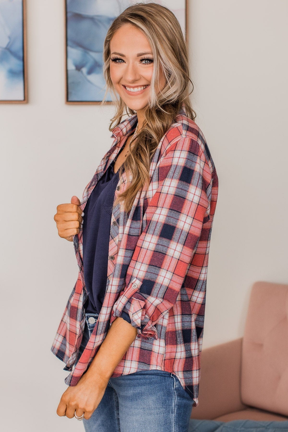 Lovely Seeing You Button Down Flannel- Pink & Navy