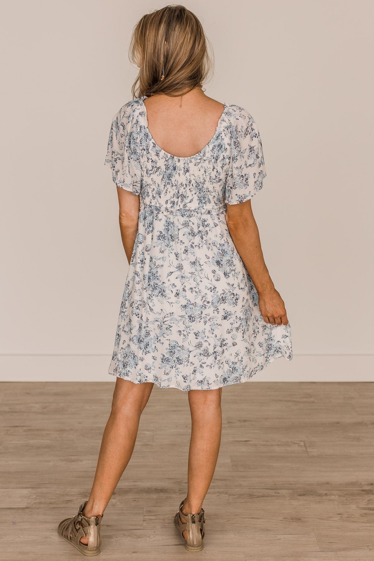 Destined To Fly Smocked Floral Dress- Ivory & Blue Destined To Fly Smocked Floral Dress- Ivory & Blue